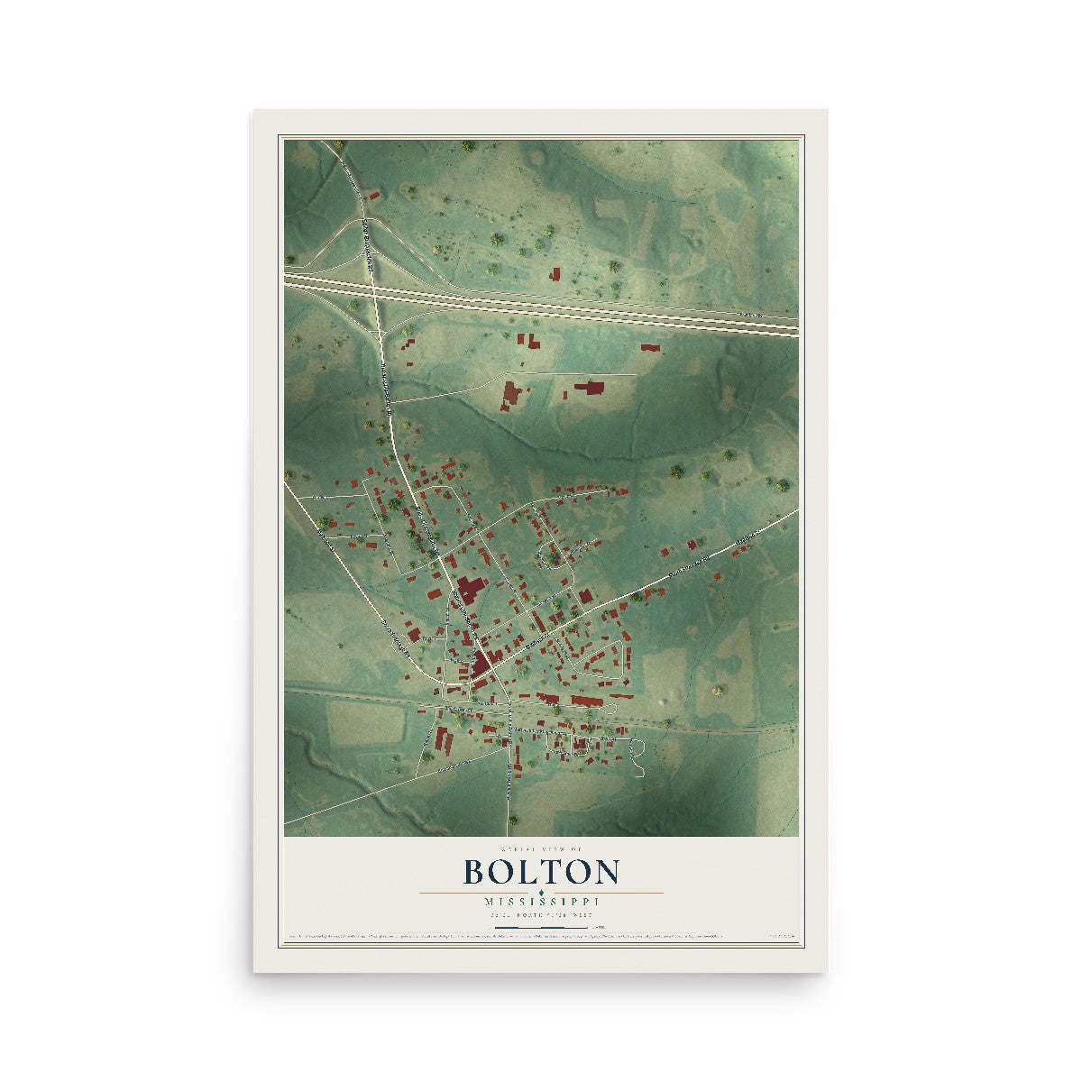 Map of Bolton, Mississippi, 12 x 18 inch unframed archival matte print