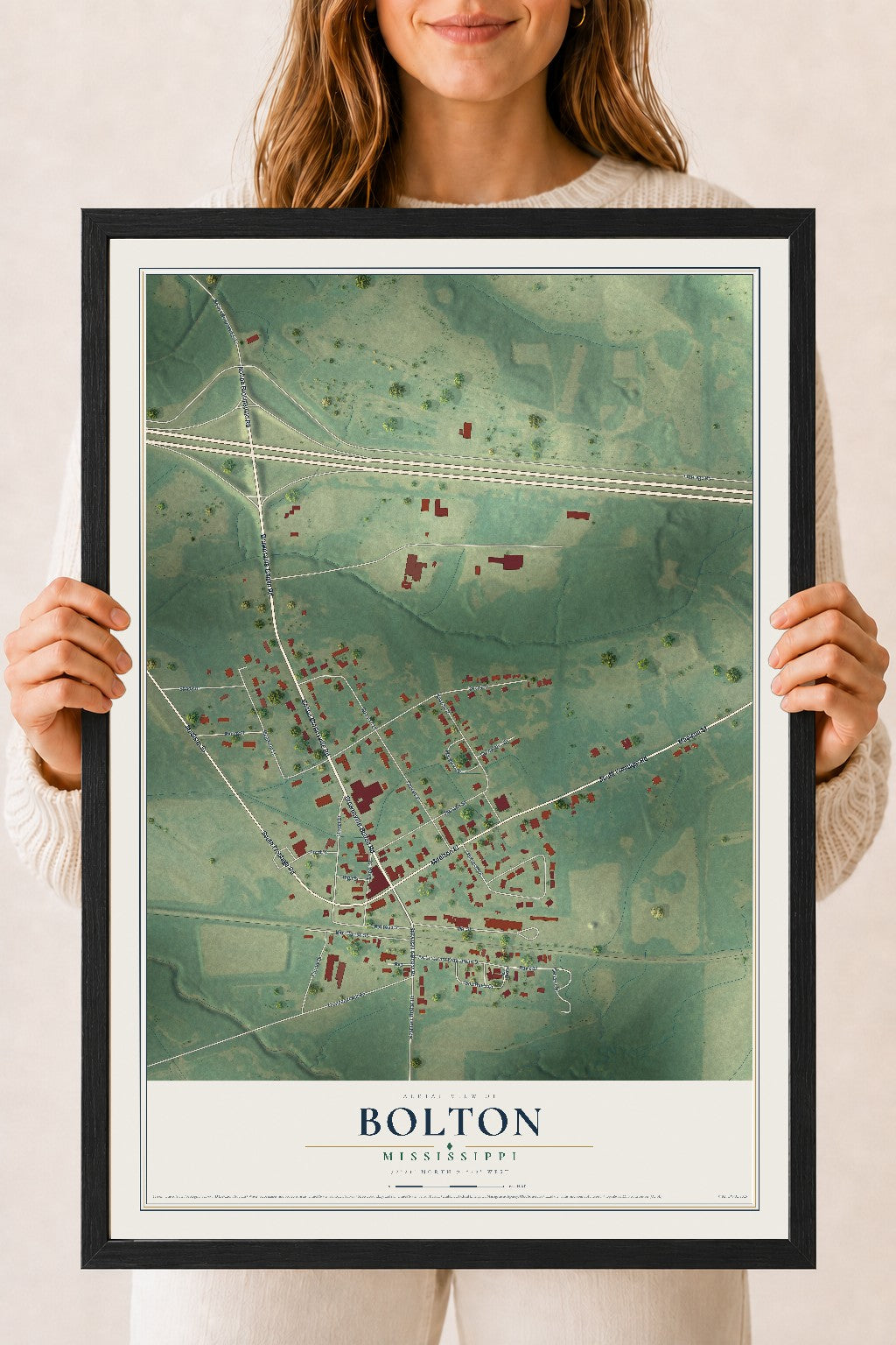 Map of Bolton, Mississippi, 18 x 24 inch print in a black wood frame