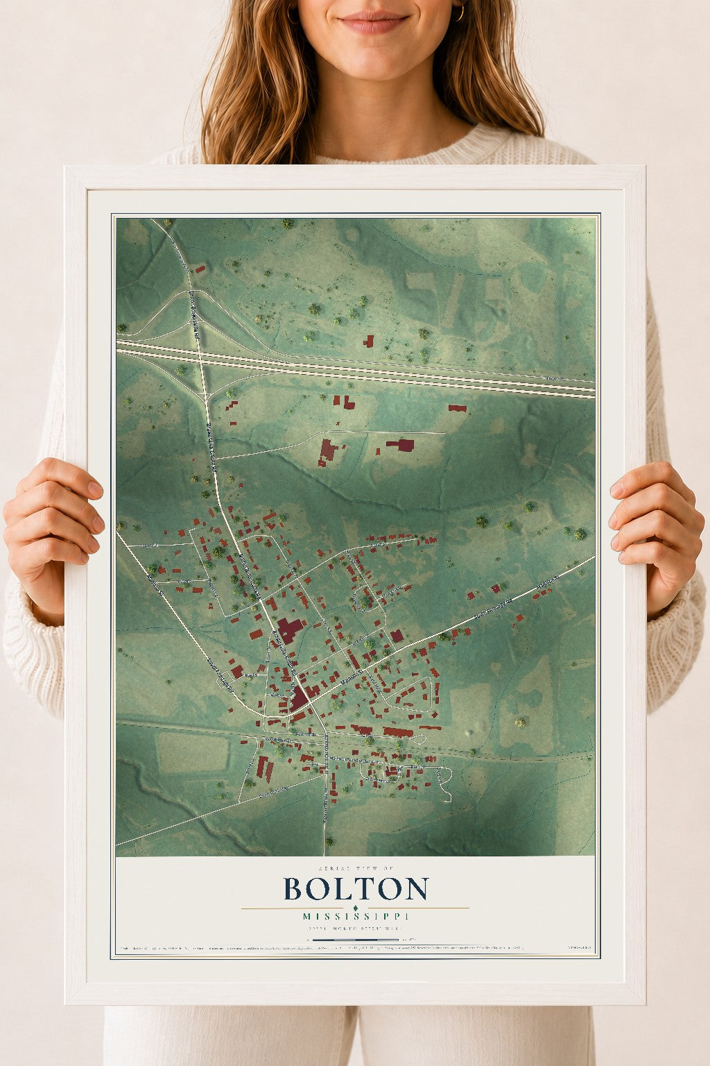 Map of Bolton, Mississippi, 18 x 24 inch print in a white wood frame