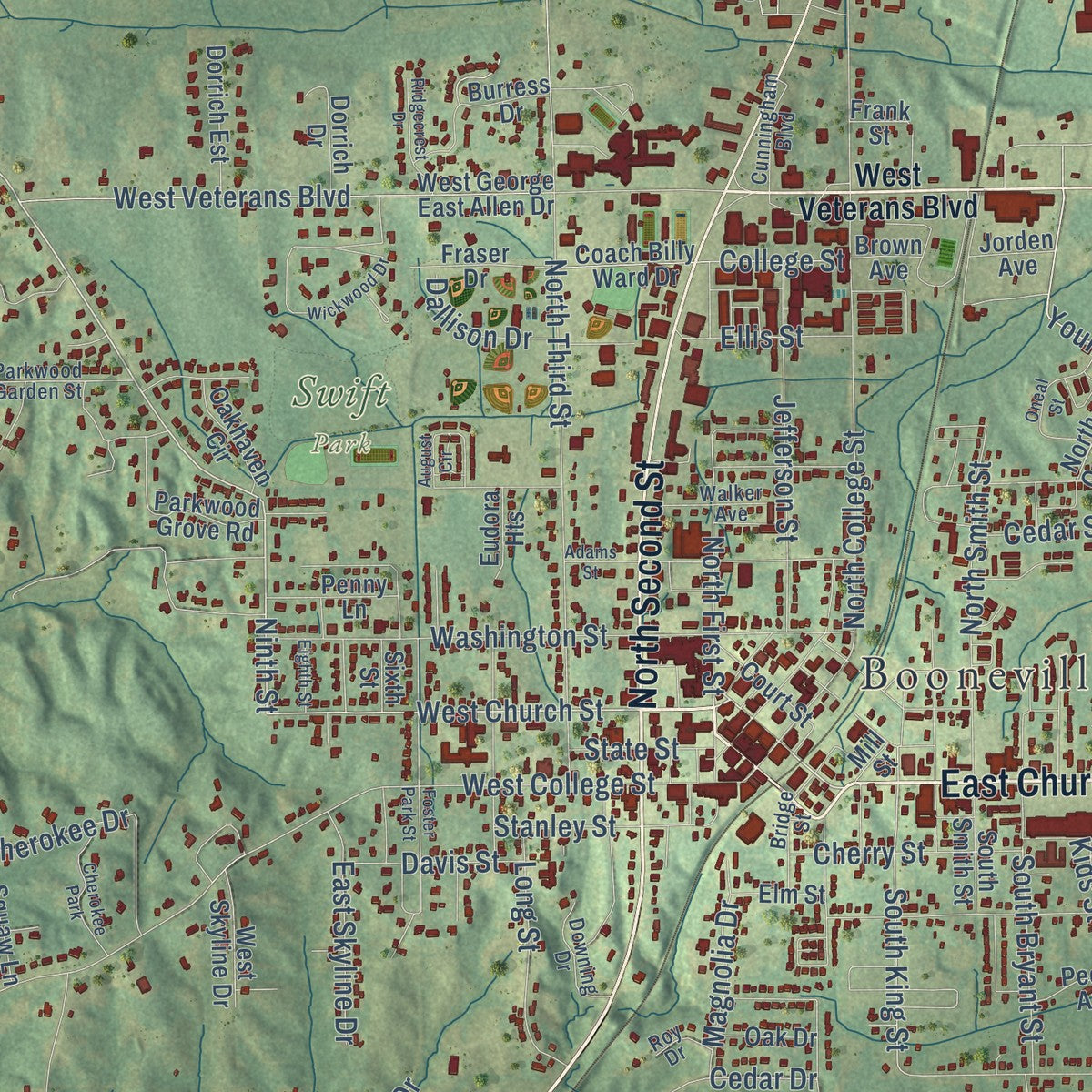 Close-up of the map of Booneville, Mississippi print showing street and building detail
