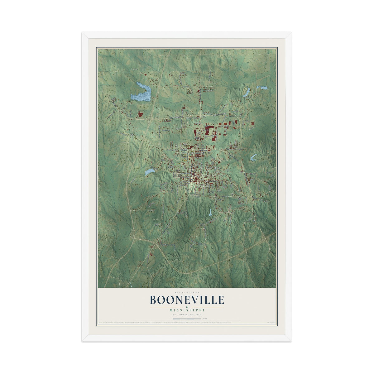 Map of Booneville, Mississippi, 12 x 18 inch print in a white wood frame