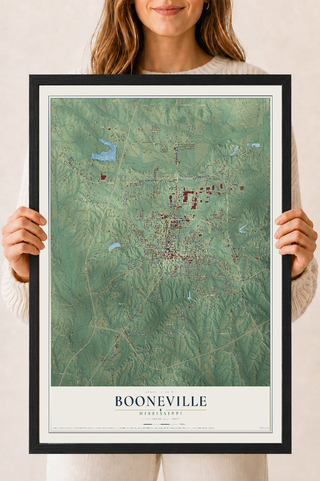 Map of Booneville, Mississippi, 18 x 24 inch print in a black wood frame