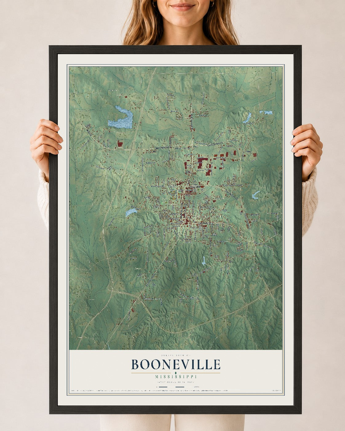 Map of Booneville, Mississippi, 24 x 36 inch print in a black wood frame