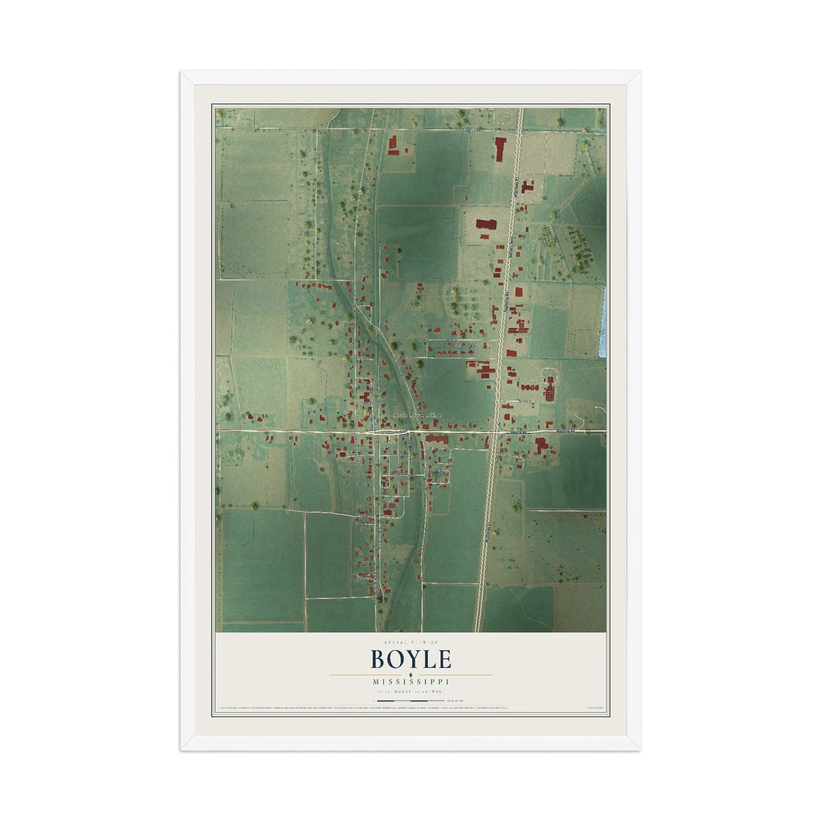 Map of Boyle, Mississippi, 12 x 18 inch print in a white wood frame