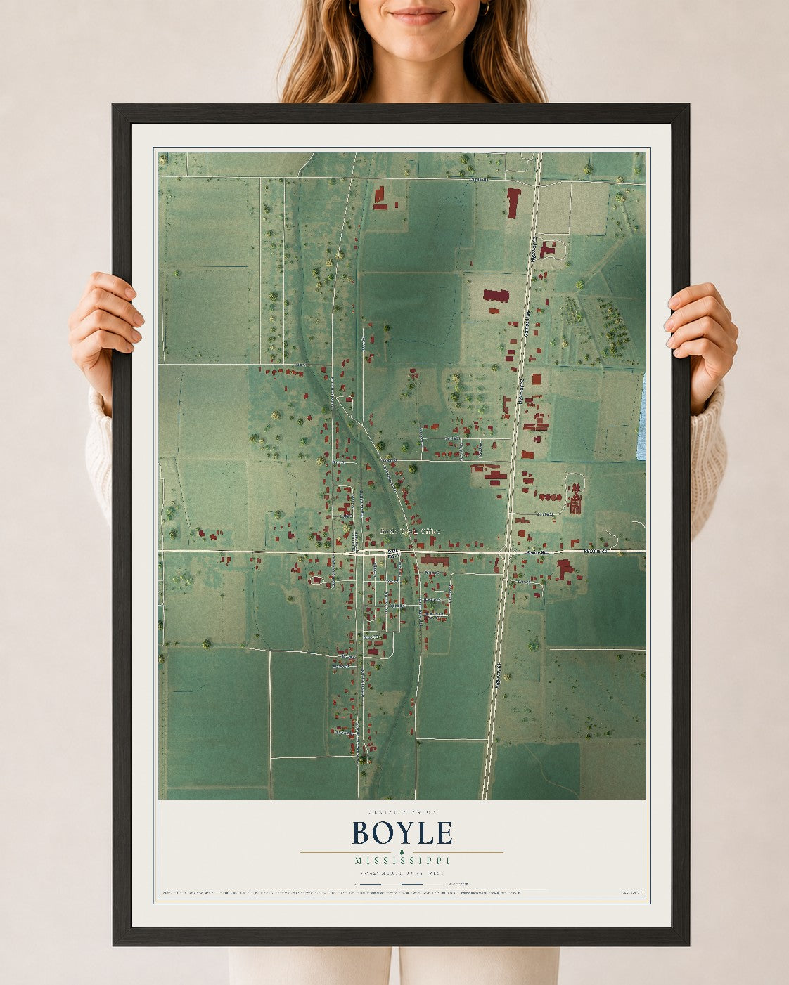 Map of Boyle, Mississippi, 24 x 36 inch print in a black wood frame