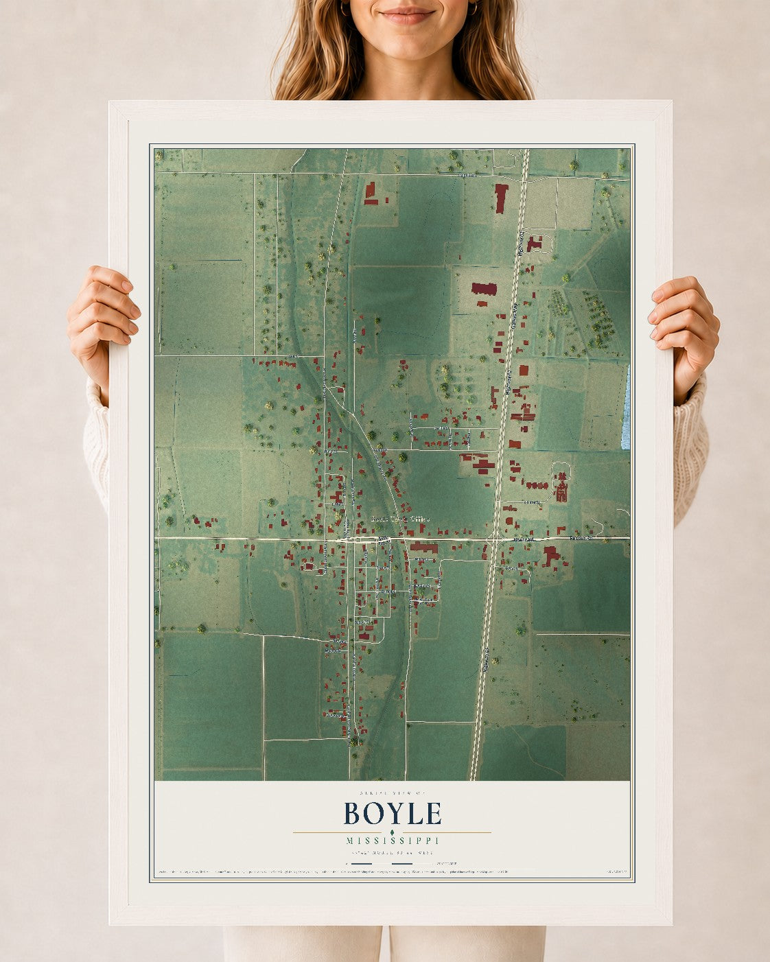 Map of Boyle, Mississippi, 24 x 36 inch print in a white wood frame