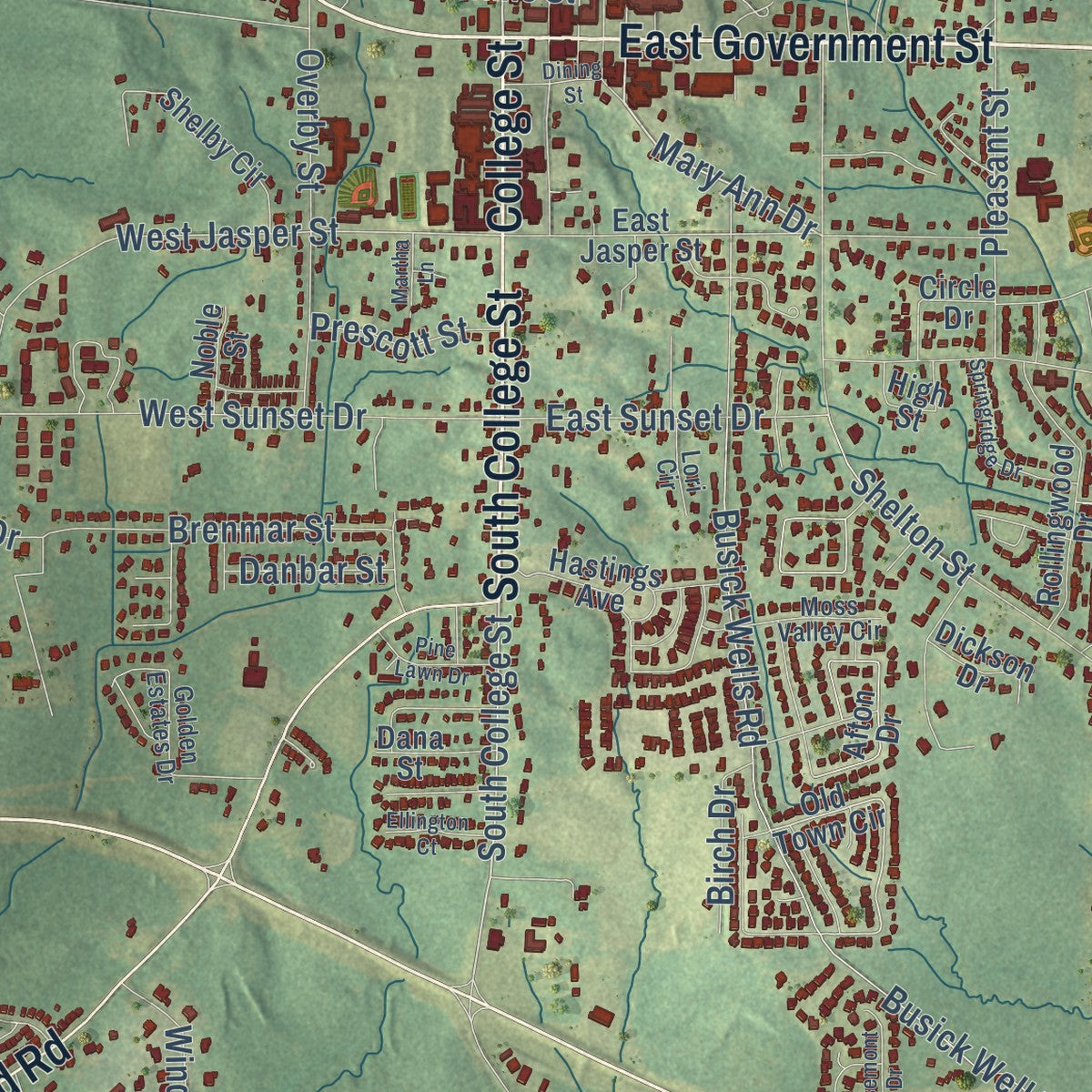 Second close-up of the map of Brandon, Mississippi print showing more streets and buildings