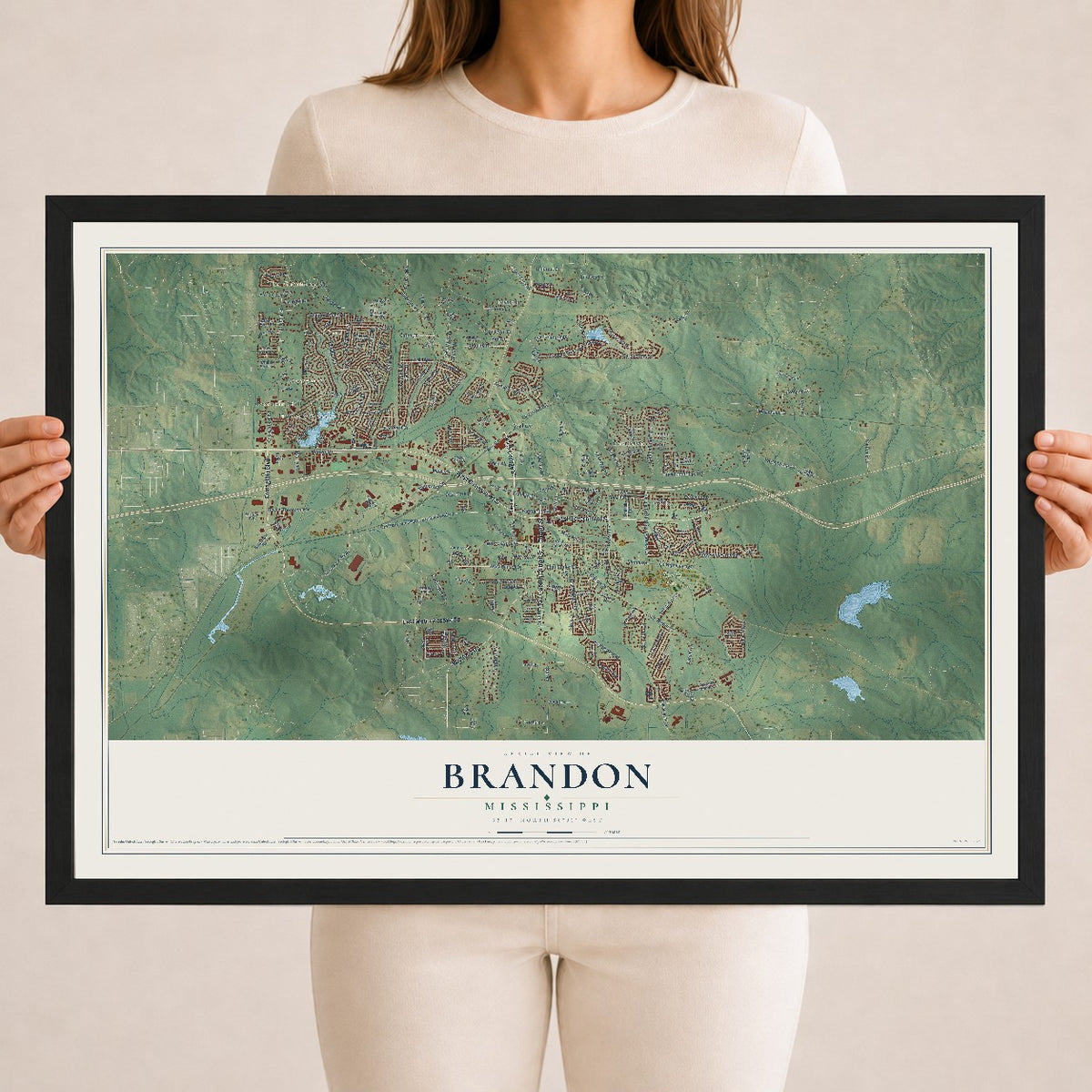 Map of Brandon, Mississippi, 18 x 24 inch print in a black wood frame