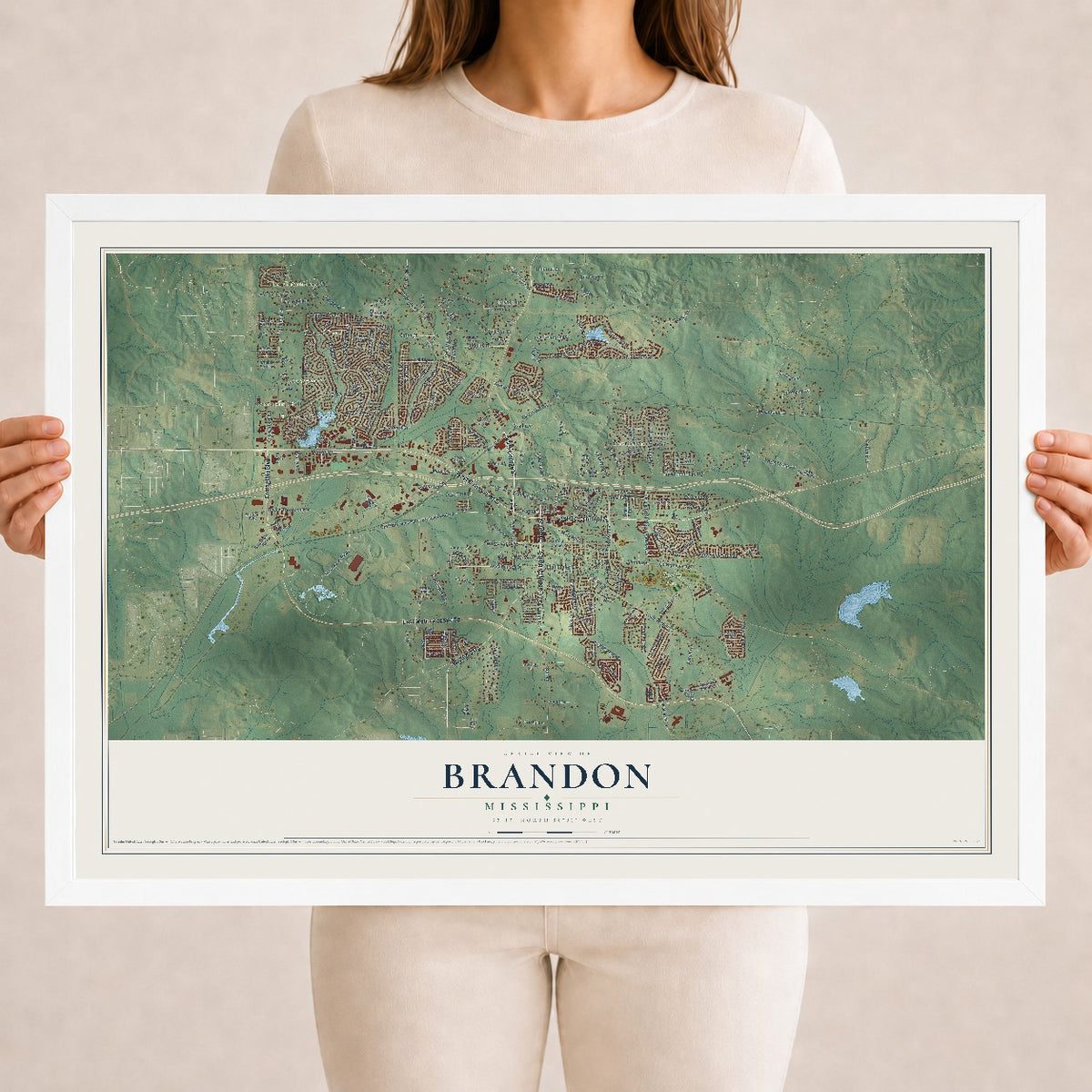 Map of Brandon, Mississippi, 18 x 24 inch print in a white wood frame