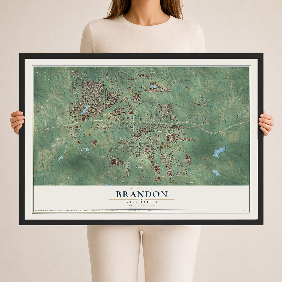 Map of Brandon, Mississippi, 24 x 36 inch print in a black wood frame