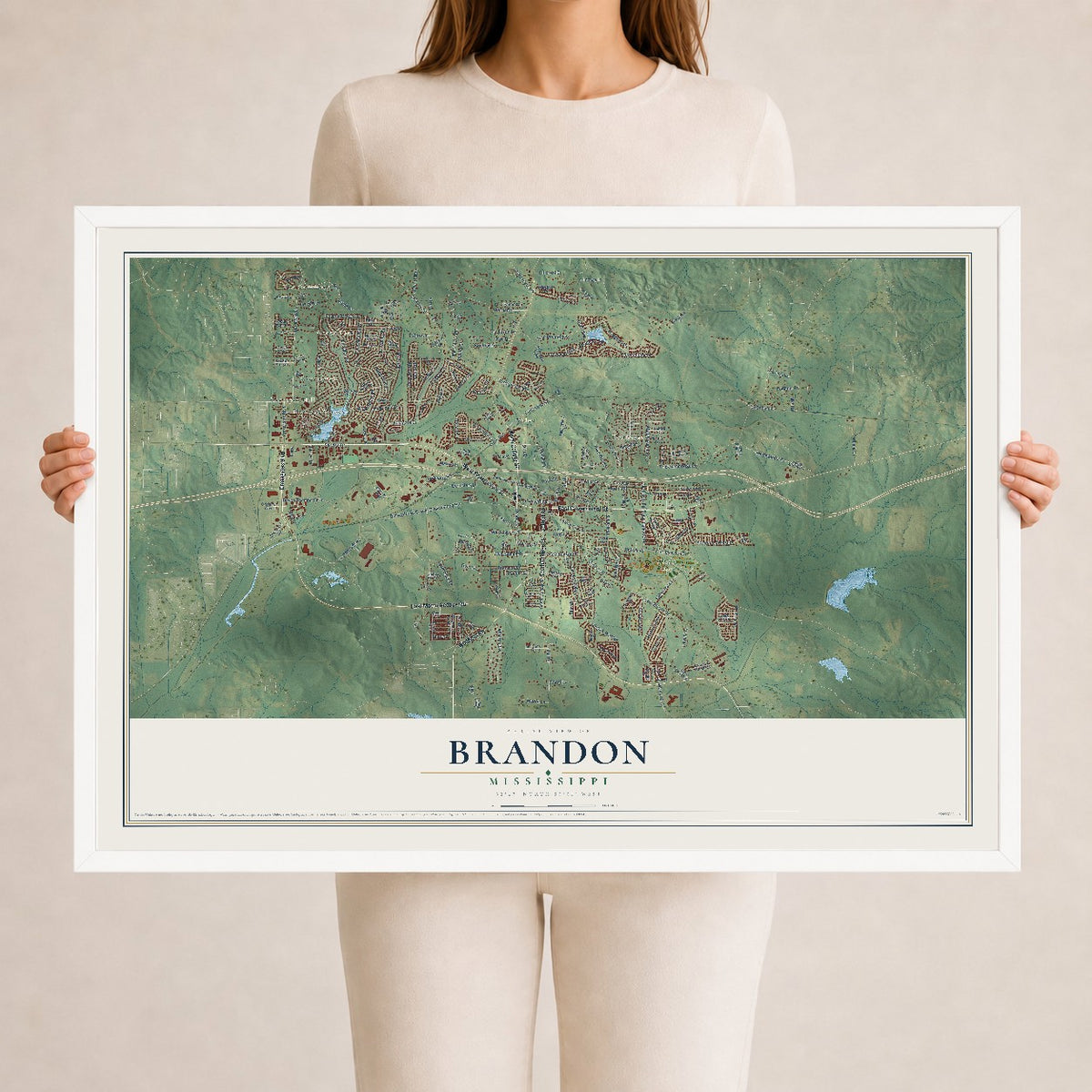 Map of Brandon, Mississippi, 24 x 36 inch print in a white wood frame