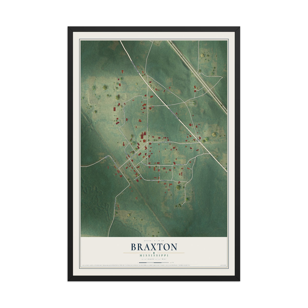 Map of Braxton, Mississippi, 12 x 18 inch print in a black wood frame