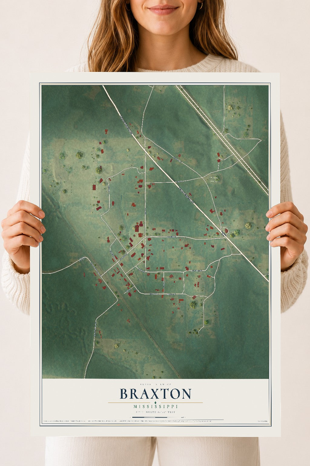 Map of Braxton, Mississippi, 18 x 24 inch unframed archival matte print