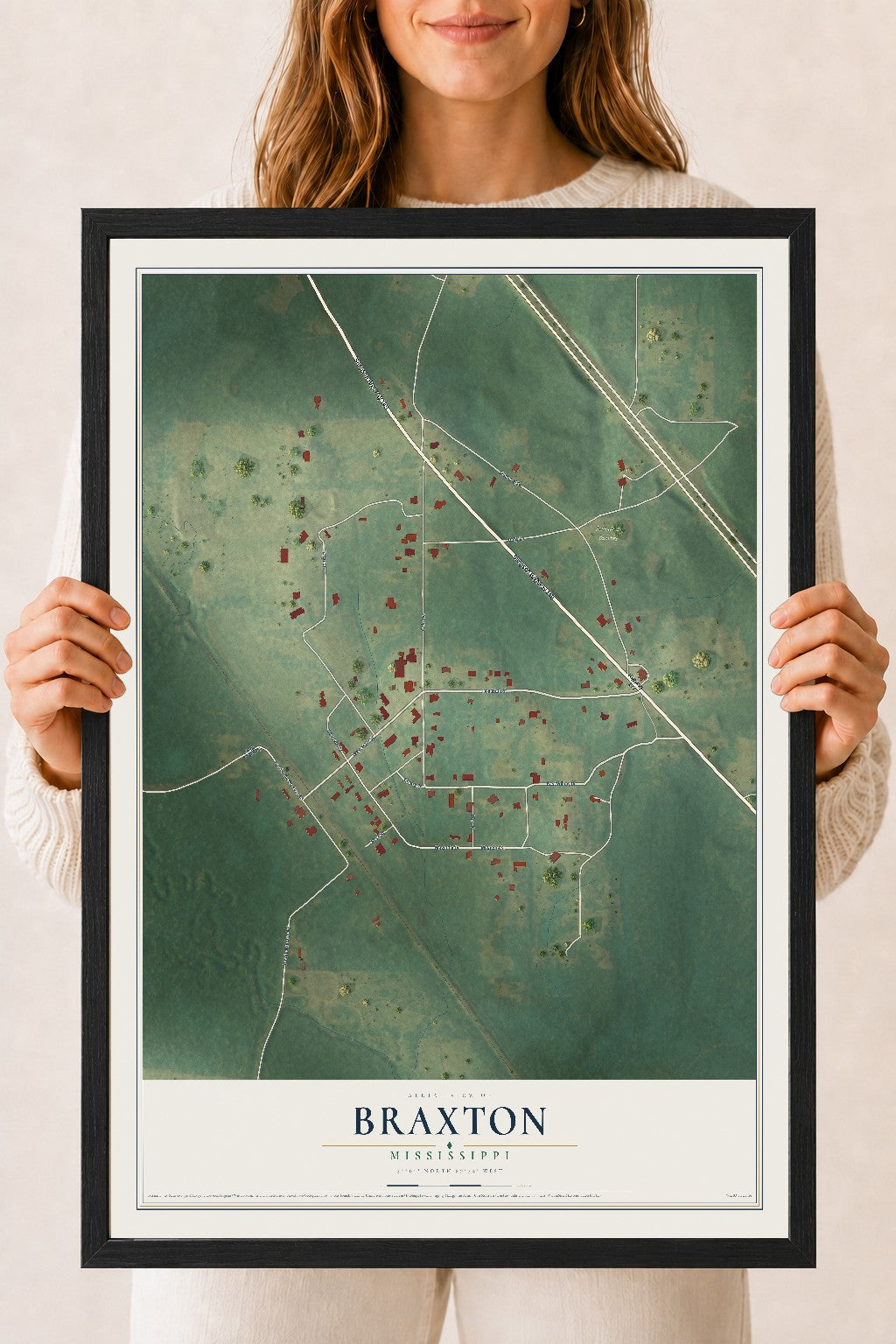 Map of Braxton, Mississippi, 18 x 24 inch print in a black wood frame