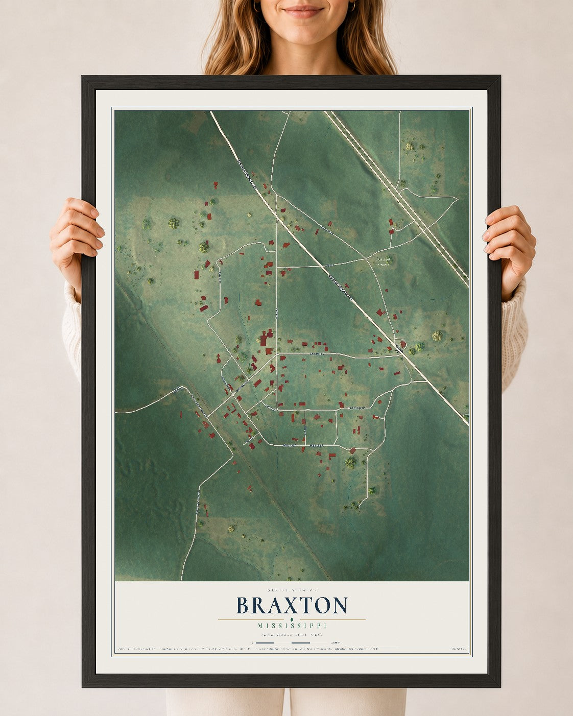 Map of Braxton, Mississippi, 24 x 36 inch print in a black wood frame
