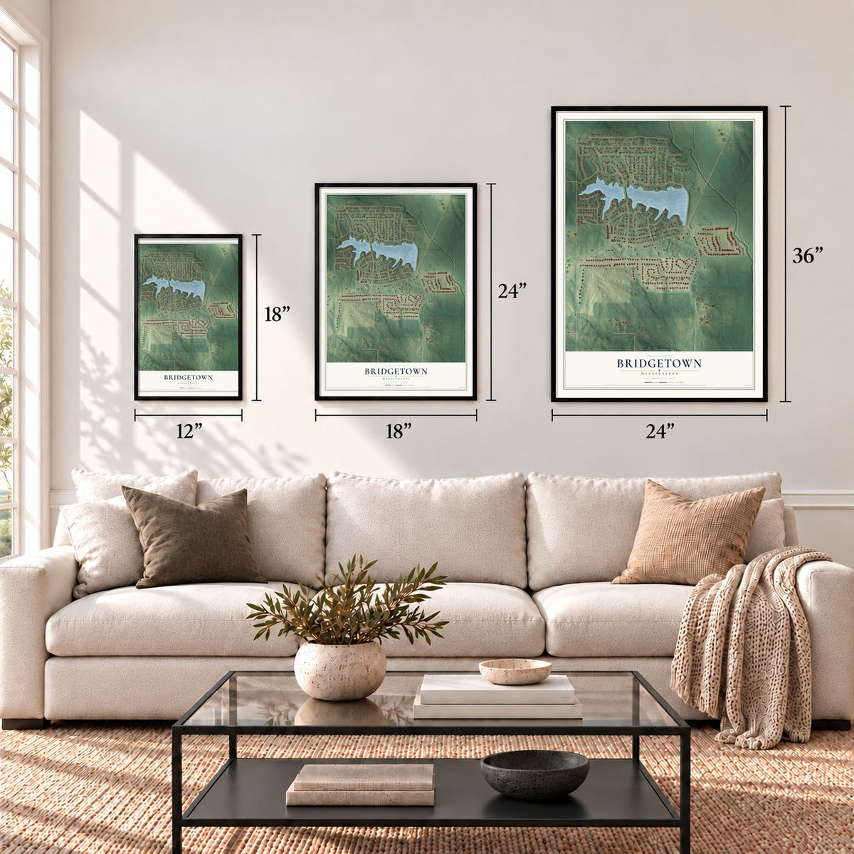 Bridgetown, Mississippi map in 12 x 18, 18 x 24 and 24 x 36 inch sizes above a sofa