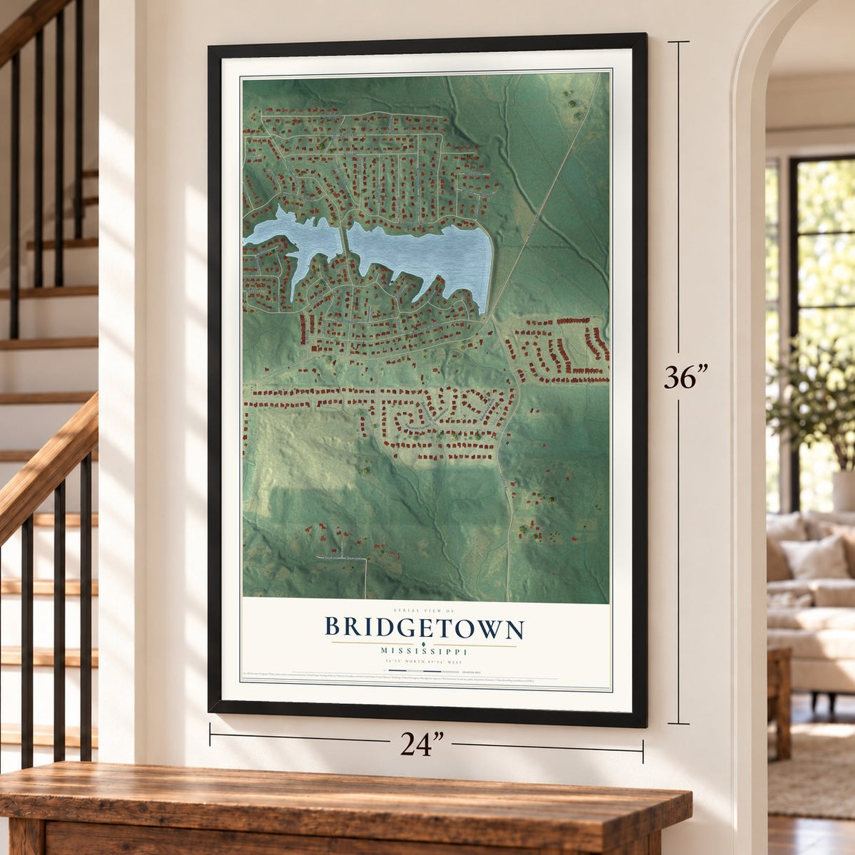 Bridgetown, Mississippi map, 24 x 36 inch print in a black frame by a staircase