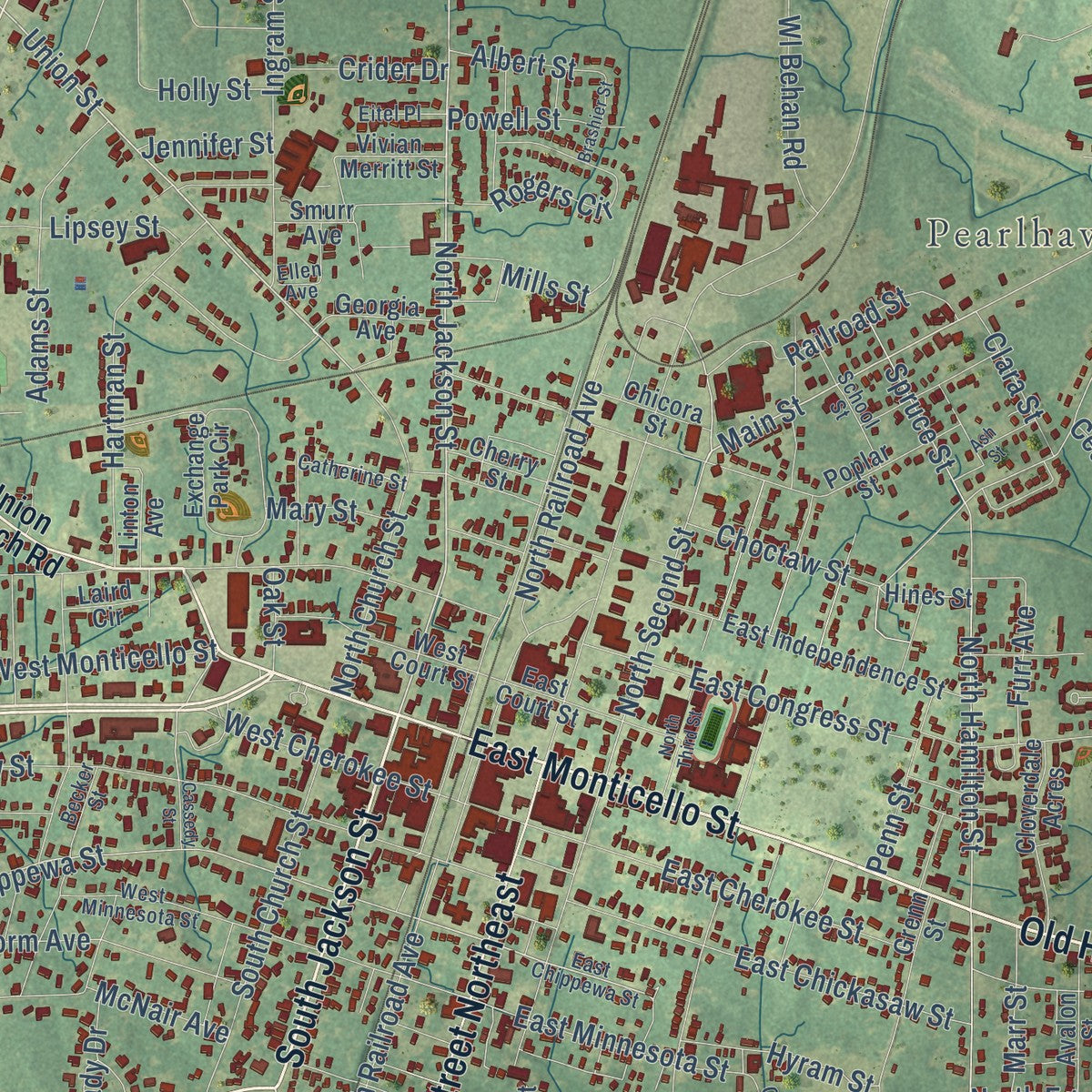 Close-up of the map of Brookhaven, Mississippi print showing street and building detail