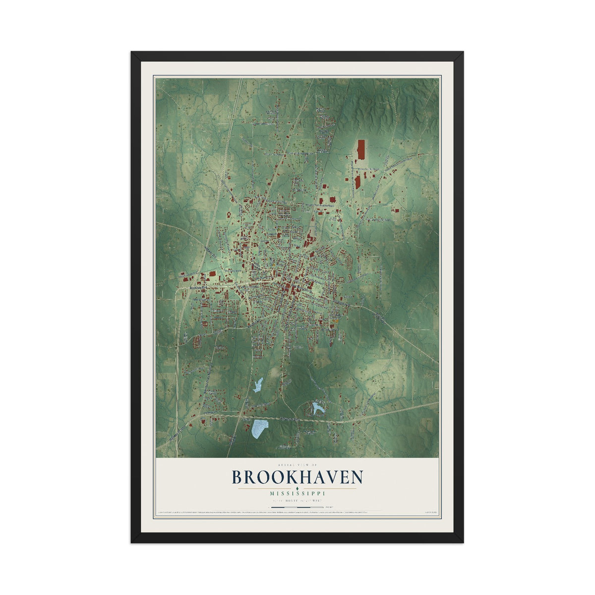 Map of Brookhaven, Mississippi, 12 x 18 inch print in a black wood frame