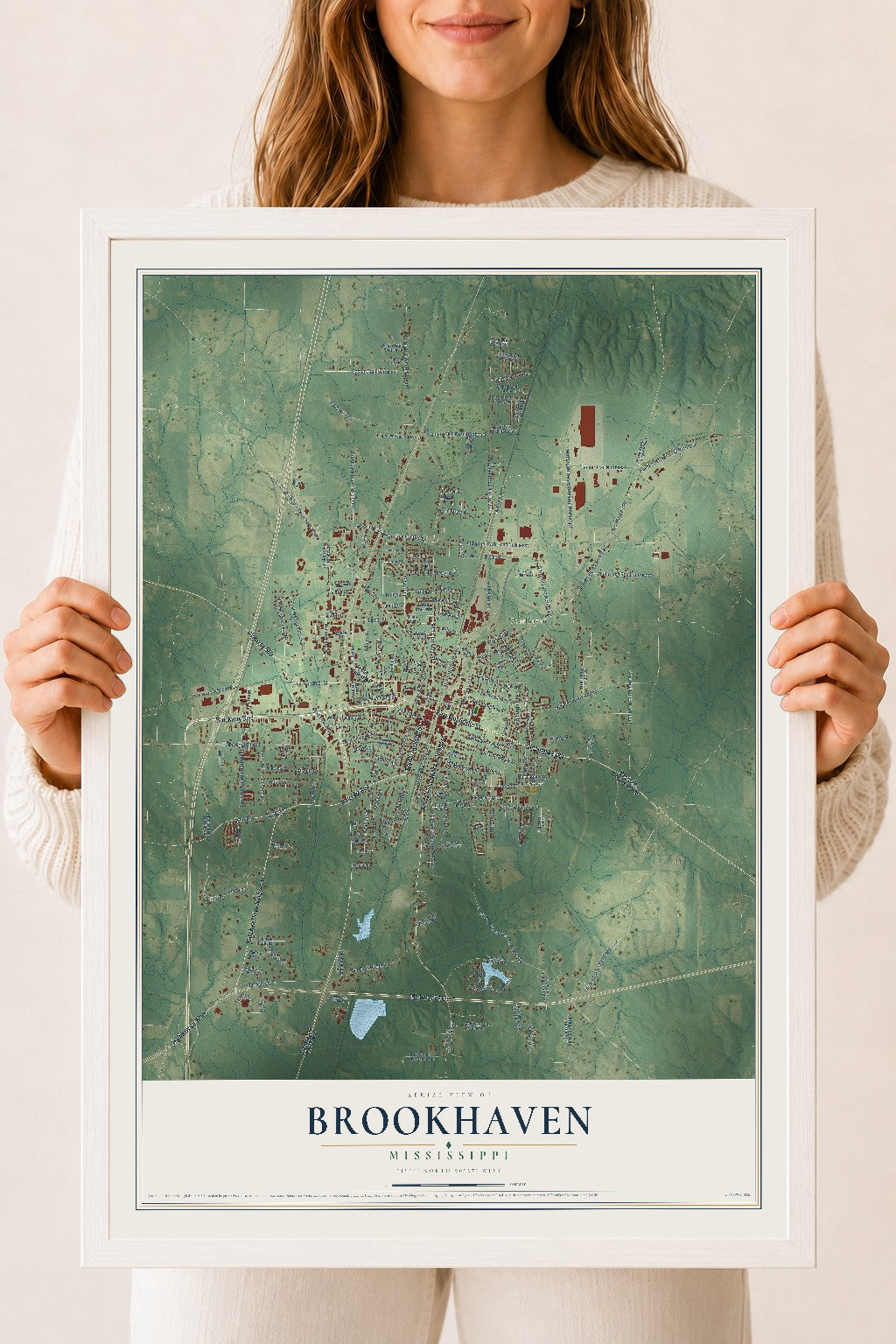 Map of Brookhaven, Mississippi, 18 x 24 inch print in a white wood frame