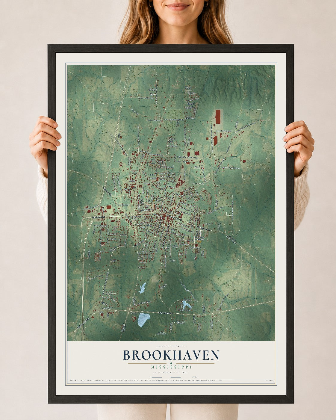 Map of Brookhaven, Mississippi, 24 x 36 inch print in a black wood frame