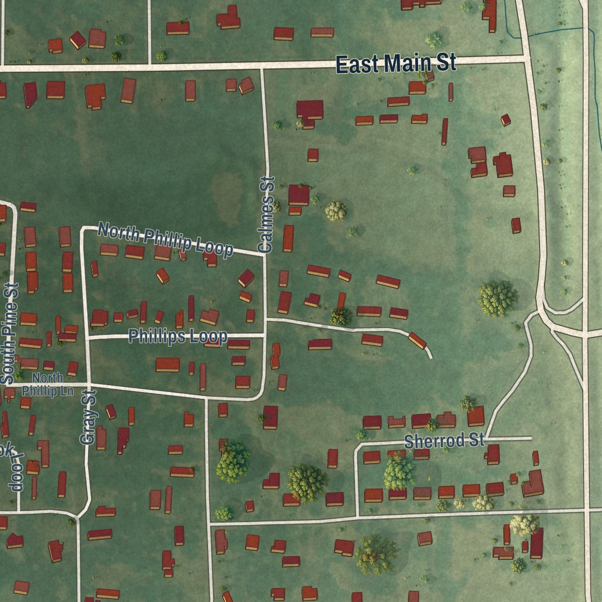 Close-up of the map of Brooksville, Mississippi print showing street and building detail