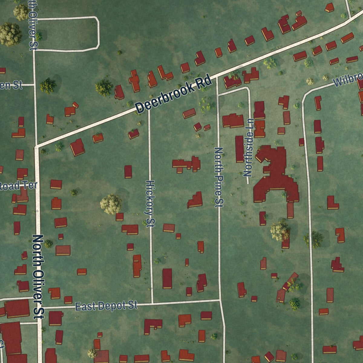 Second close-up of the map of Brooksville, Mississippi print showing more streets and buildings