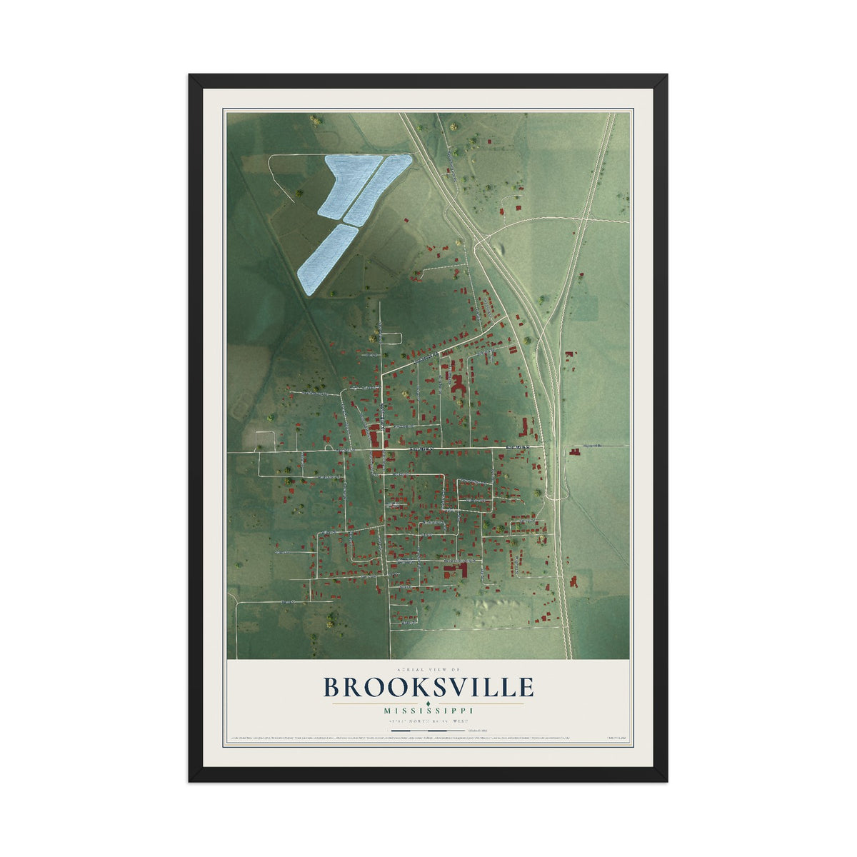 Map of Brooksville, Mississippi, 12 x 18 inch print in a black wood frame