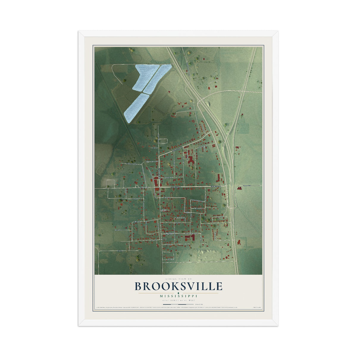 Map of Brooksville, Mississippi, 12 x 18 inch print in a white wood frame