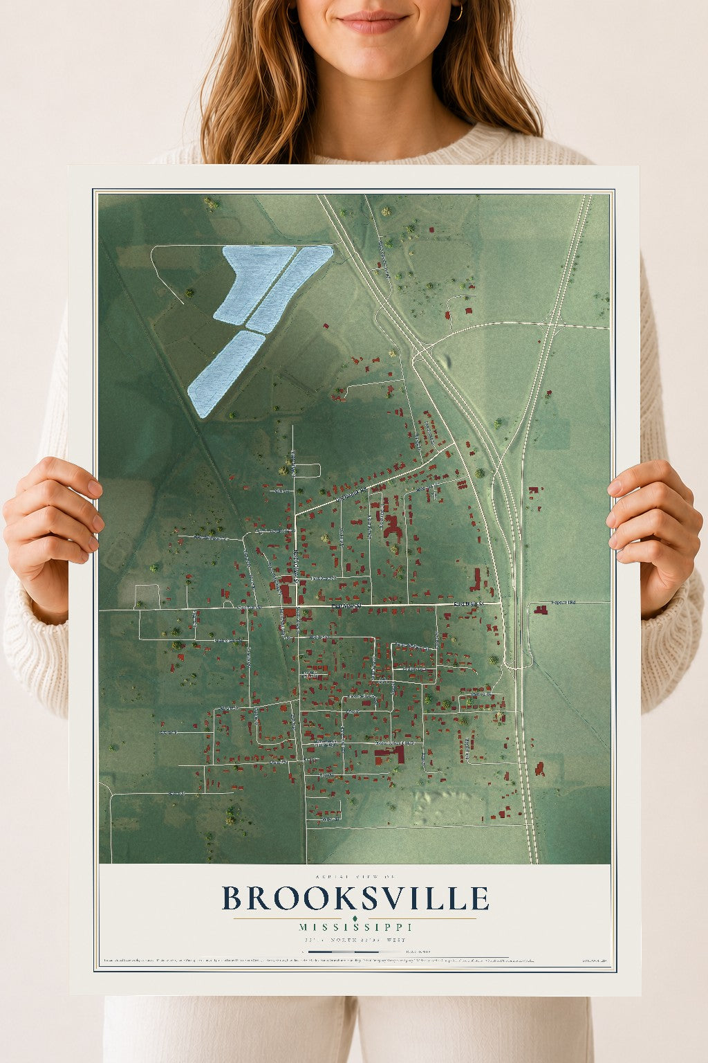 Map of Brooksville, Mississippi, 18 x 24 inch unframed archival matte print