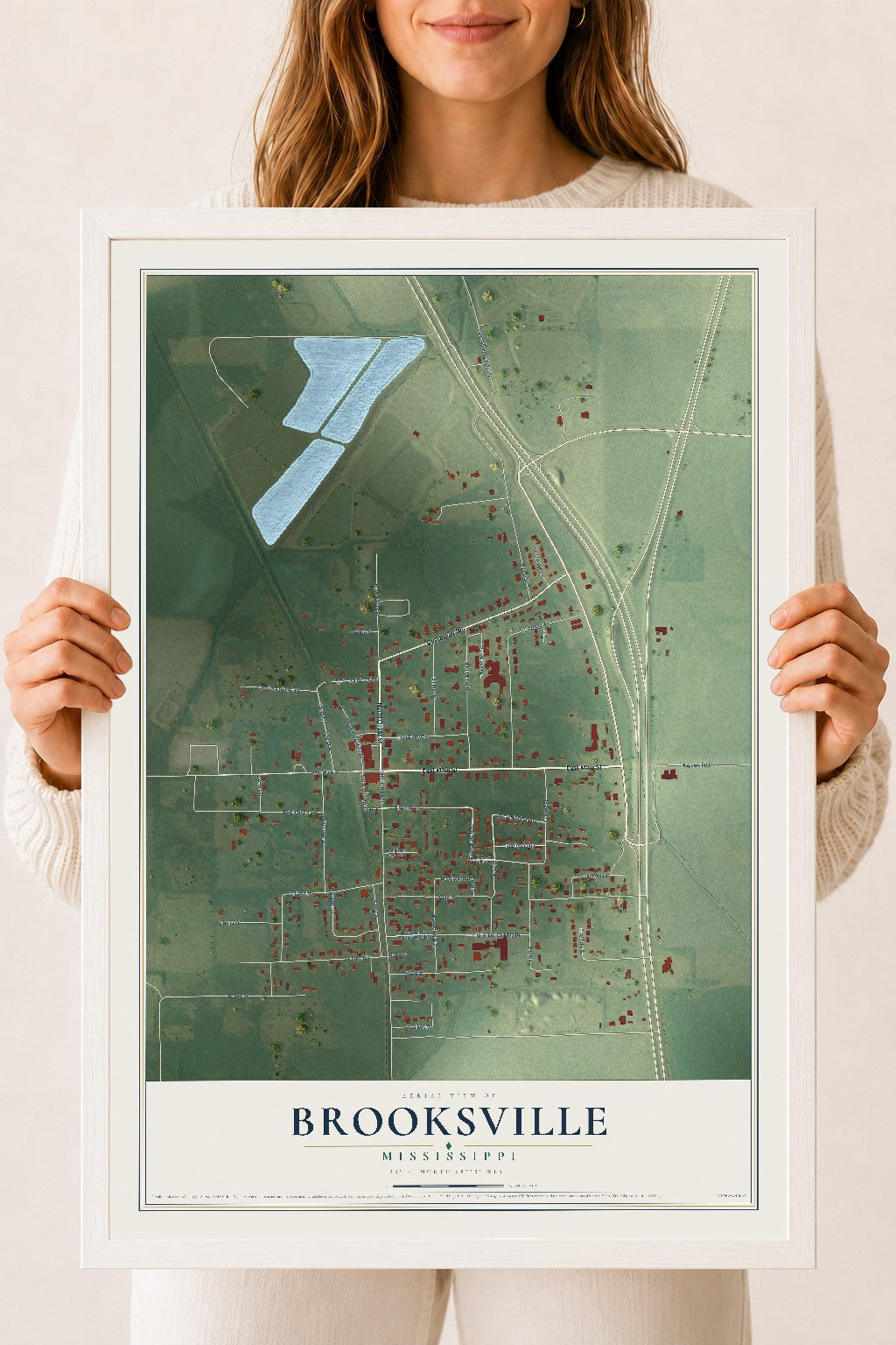 Map of Brooksville, Mississippi, 18 x 24 inch print in a white wood frame