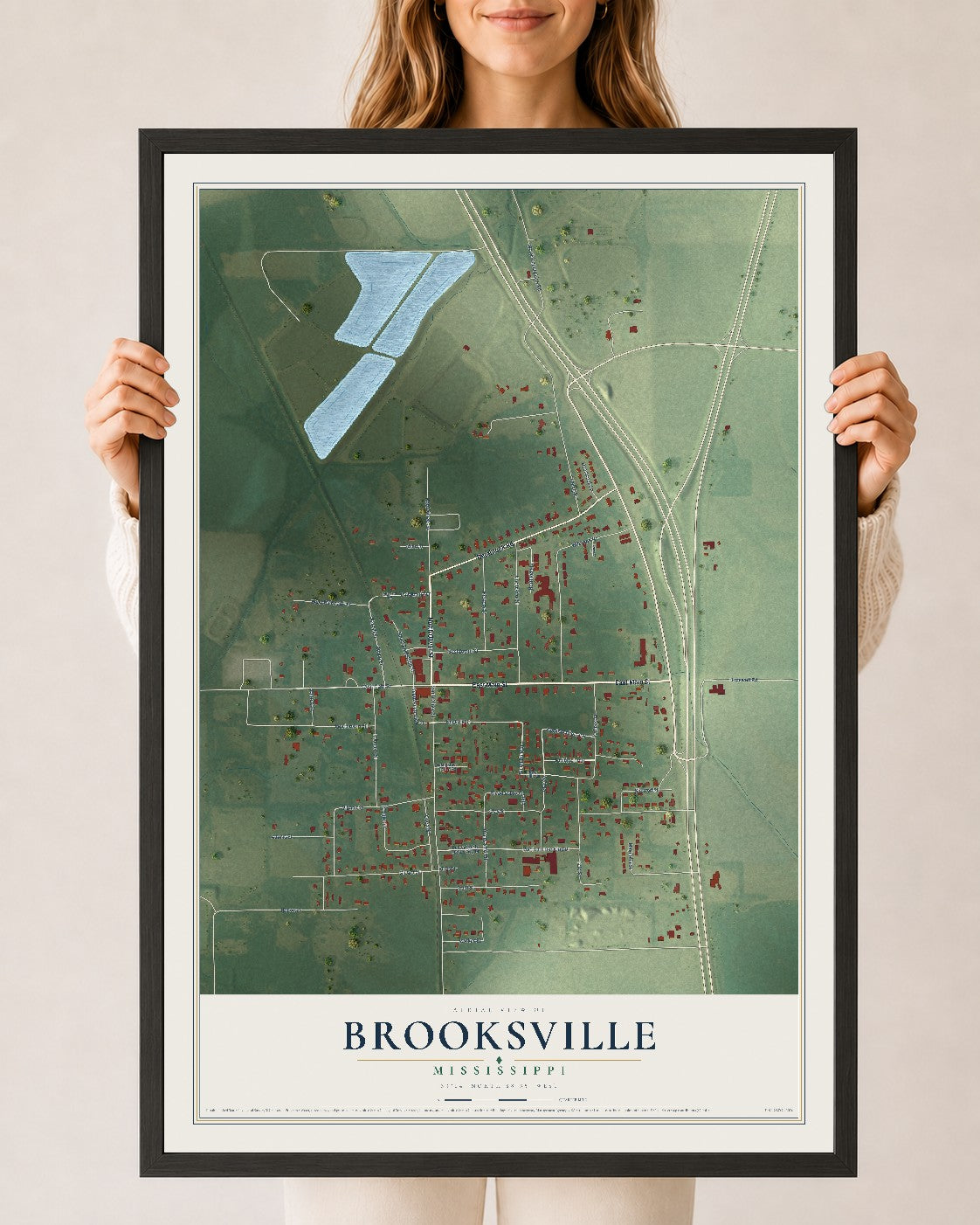 Map of Brooksville, Mississippi, 24 x 36 inch print in a black wood frame