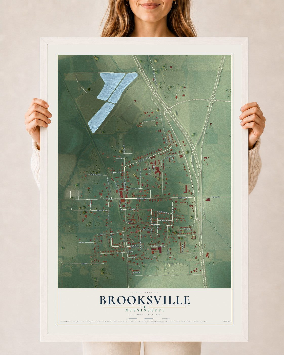 Map of Brooksville, Mississippi, 24 x 36 inch print in a white wood frame