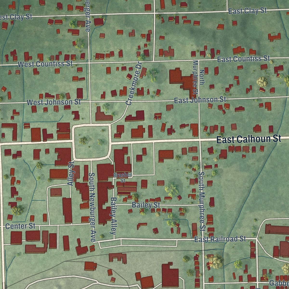 Close-up of the map of Bruce, Mississippi print showing street and building detail