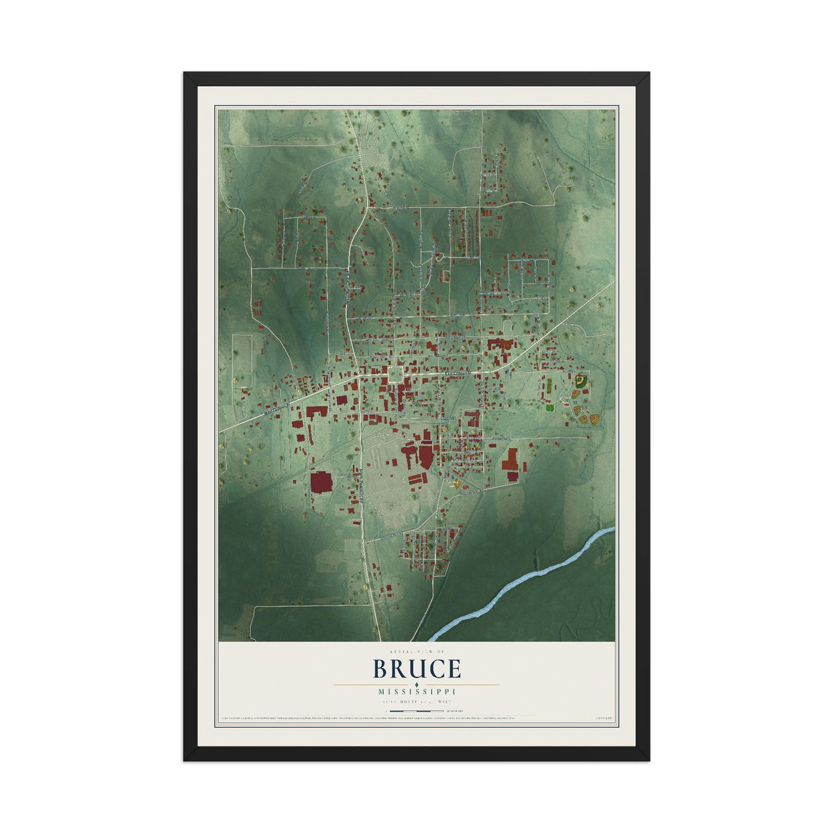 Map of Bruce, Mississippi, 12 x 18 inch print in a black wood frame