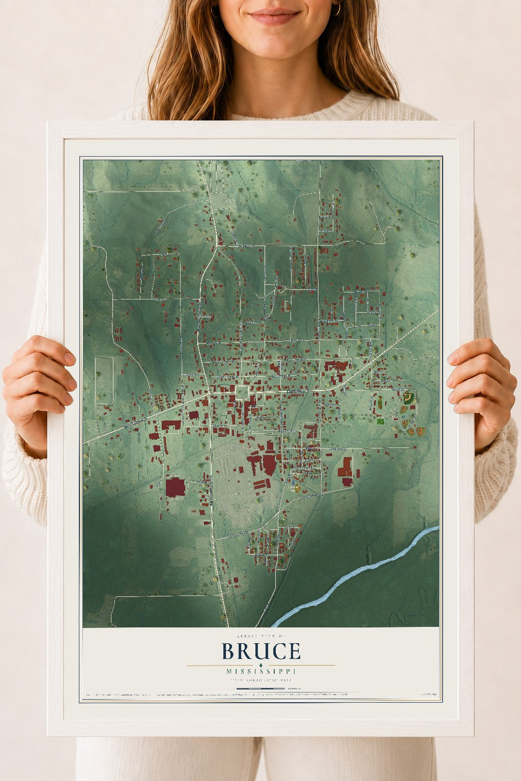Map of Bruce, Mississippi, 18 x 24 inch print in a white wood frame