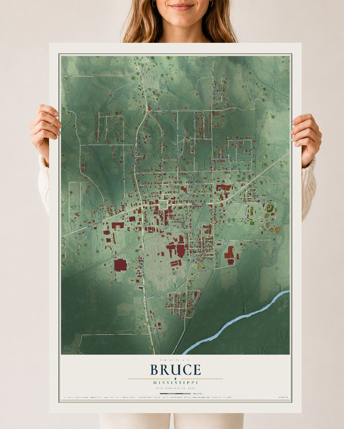 Map of Bruce, Mississippi, 24 x 36 inch unframed archival matte print