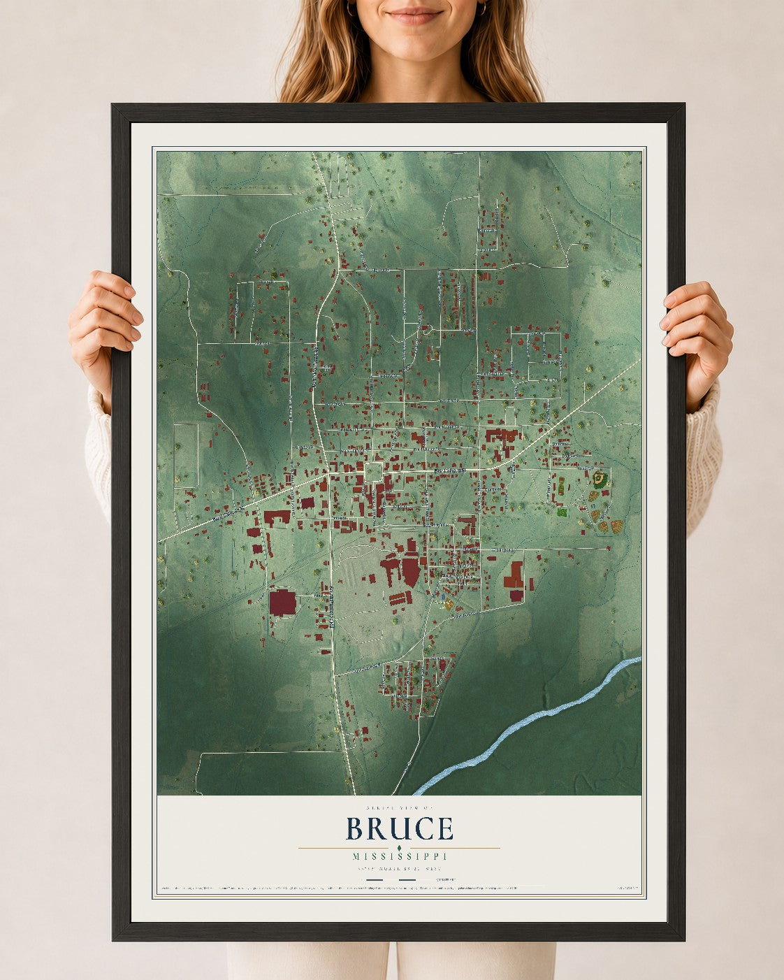 Map of Bruce, Mississippi, 24 x 36 inch print in a black wood frame