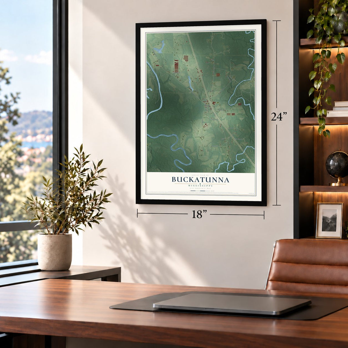 Buckatunna, Mississippi map, 18 x 24 inch print in a black frame in a home office