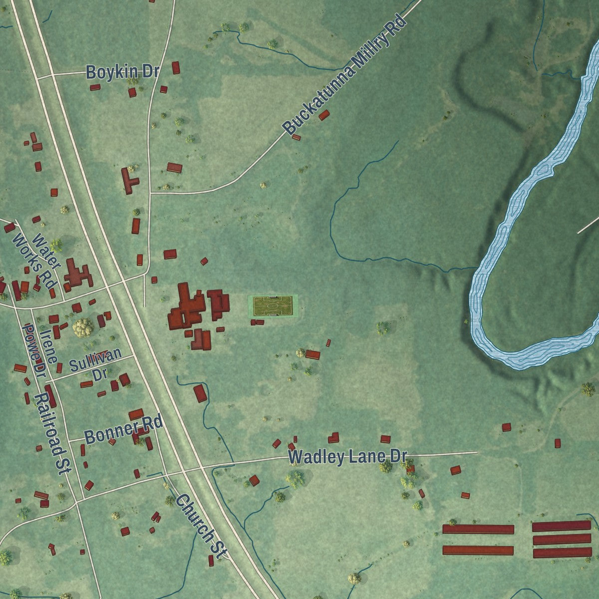 Close-up of the map of Buckatunna, Mississippi print showing street and building detail