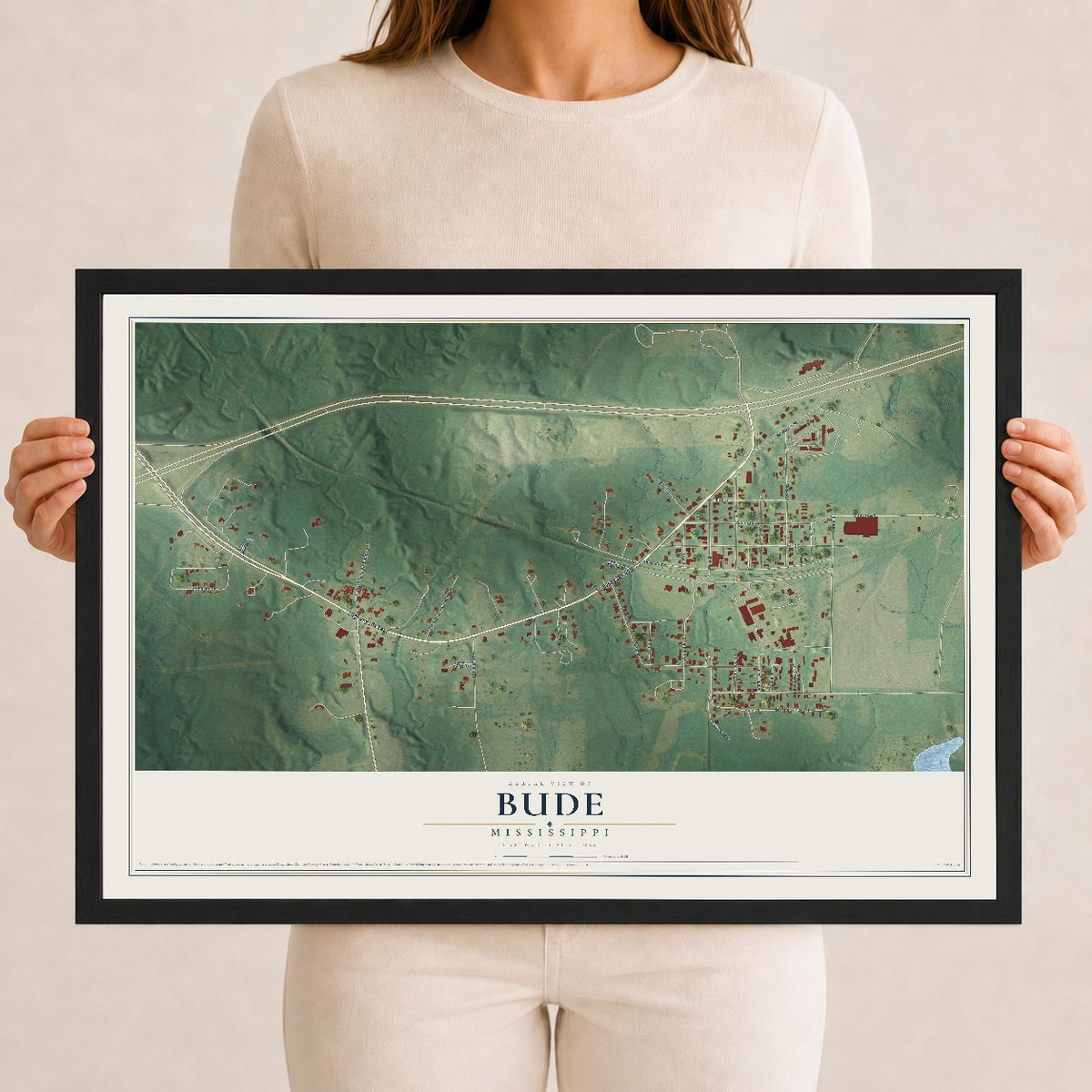 Map of Bude, Mississippi, 12 x 18 inch print in a black wood frame