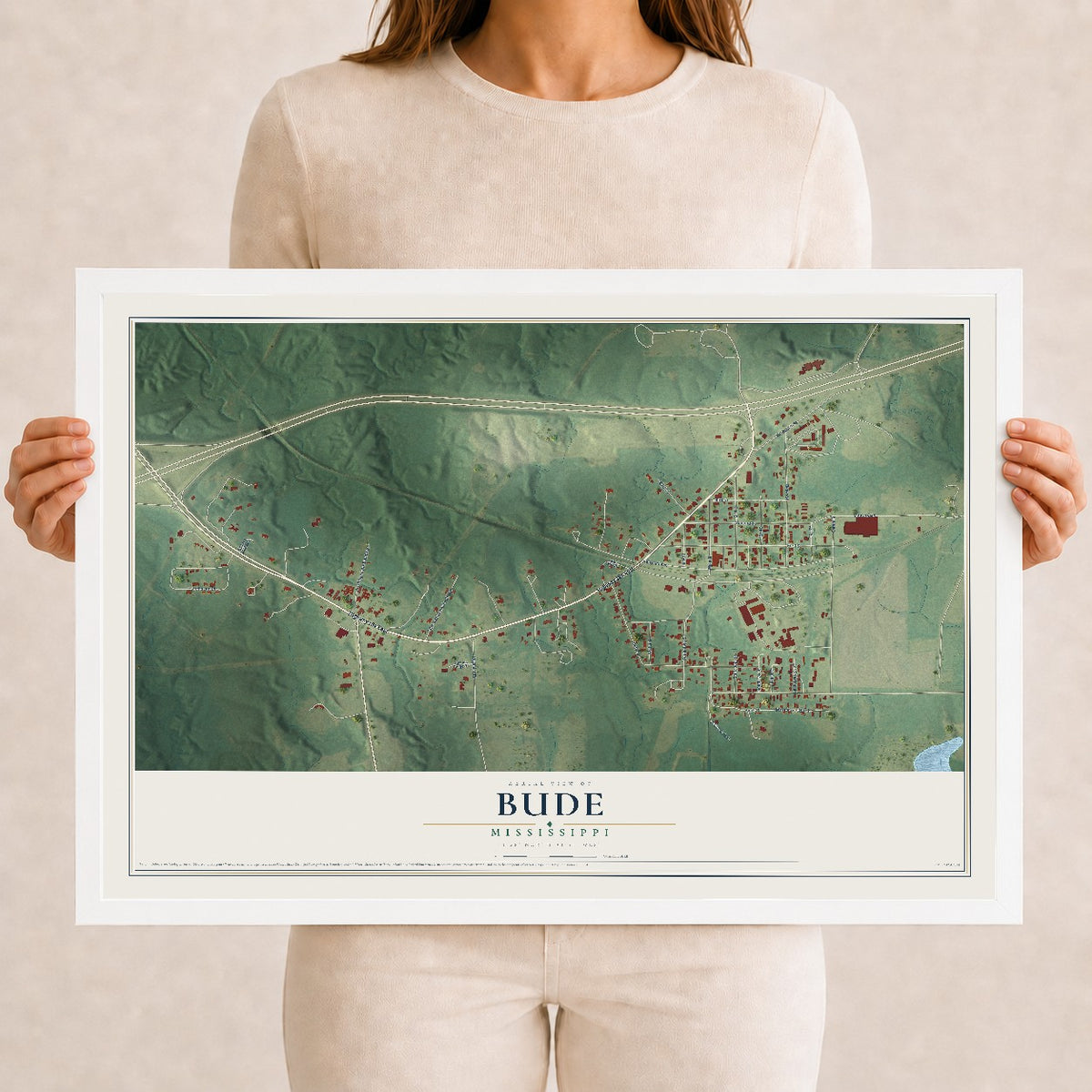 Map of Bude, Mississippi, 12 x 18 inch print in a white wood frame