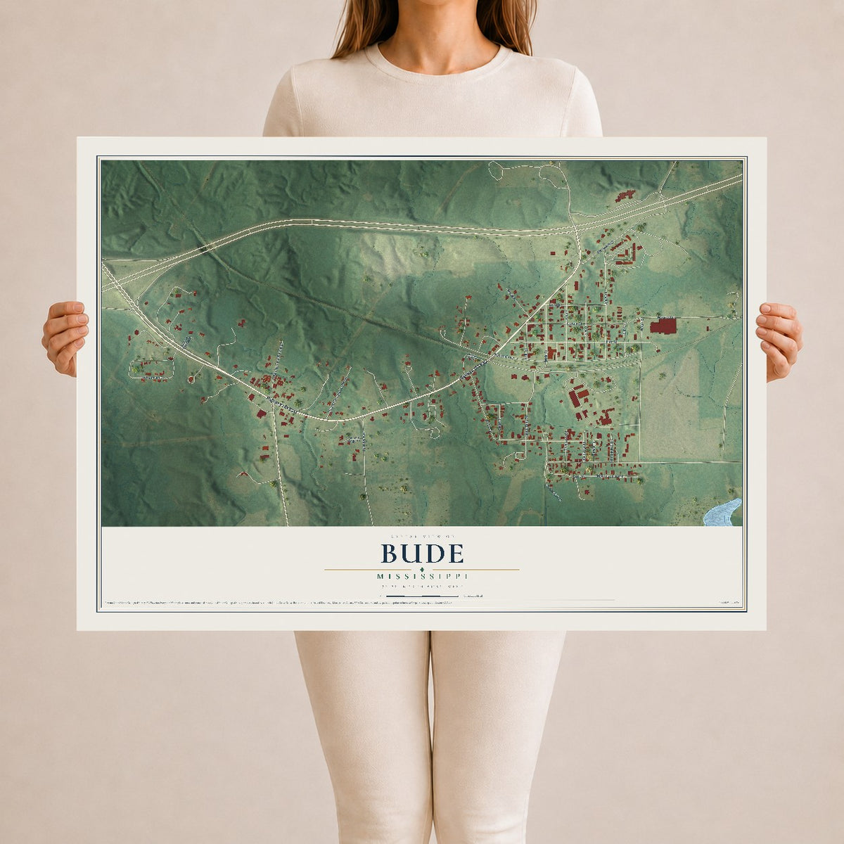 Map of Bude, Mississippi, 24 x 36 inch unframed archival matte print