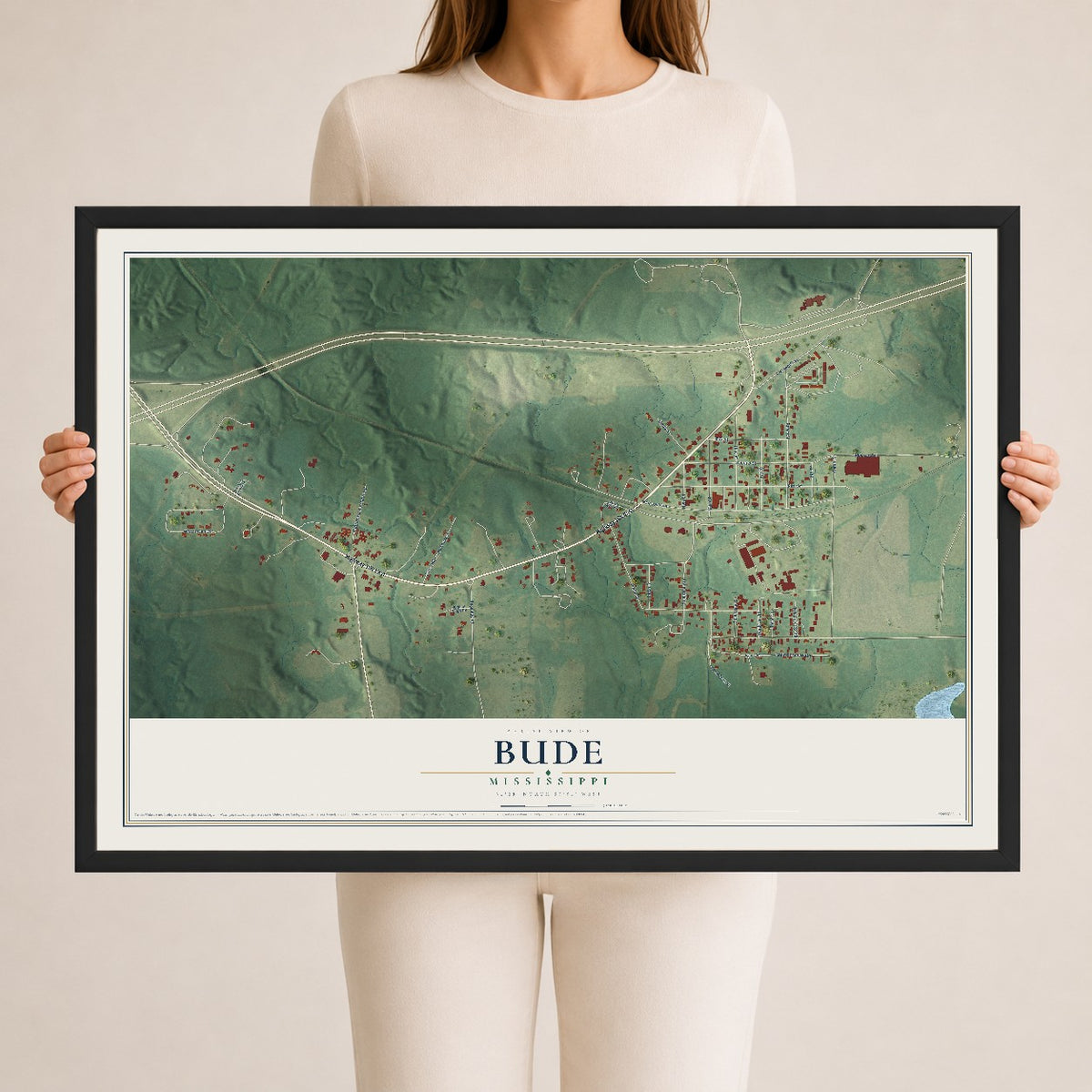 Map of Bude, Mississippi, 24 x 36 inch print in a black wood frame