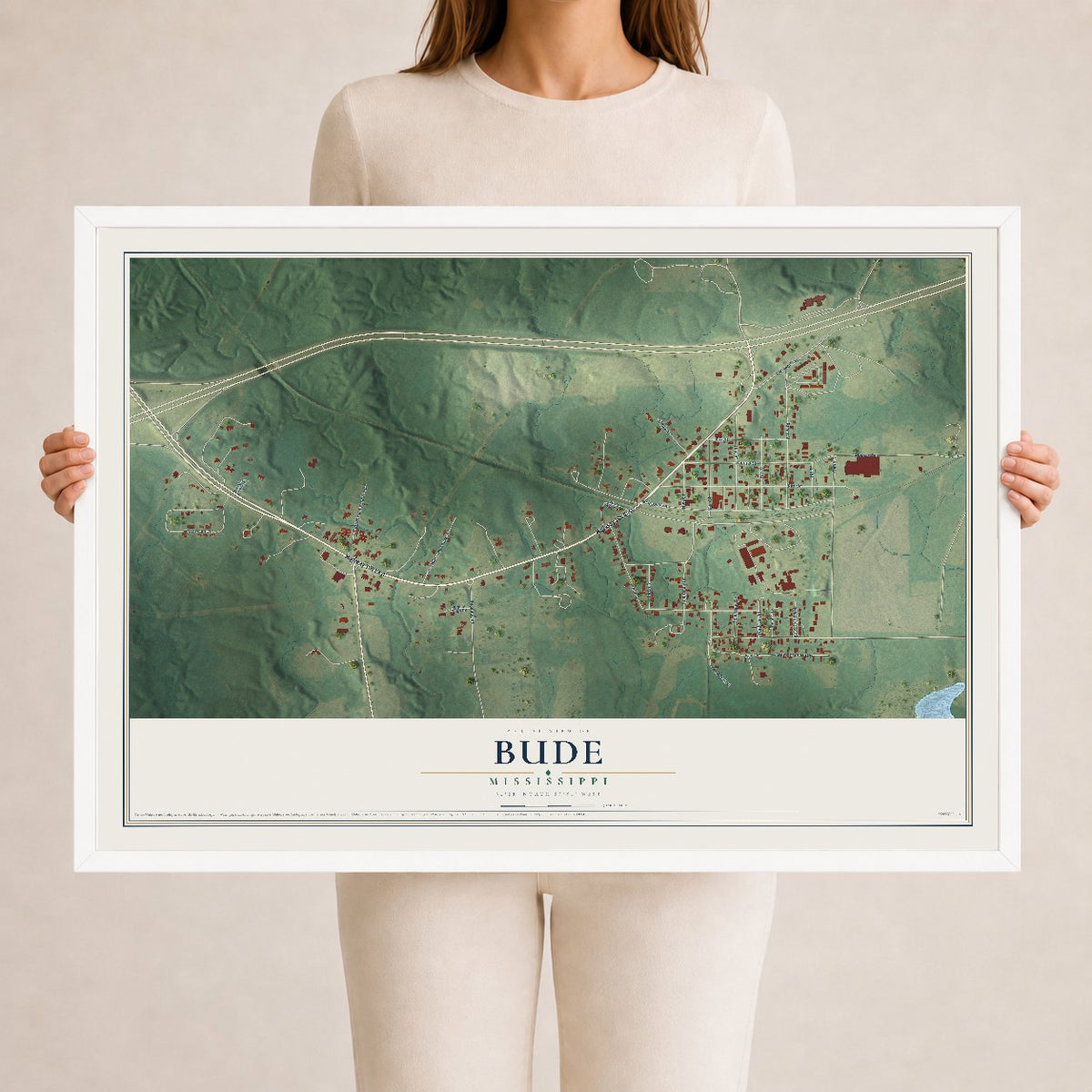 Map of Bude, Mississippi, 24 x 36 inch print in a white wood frame