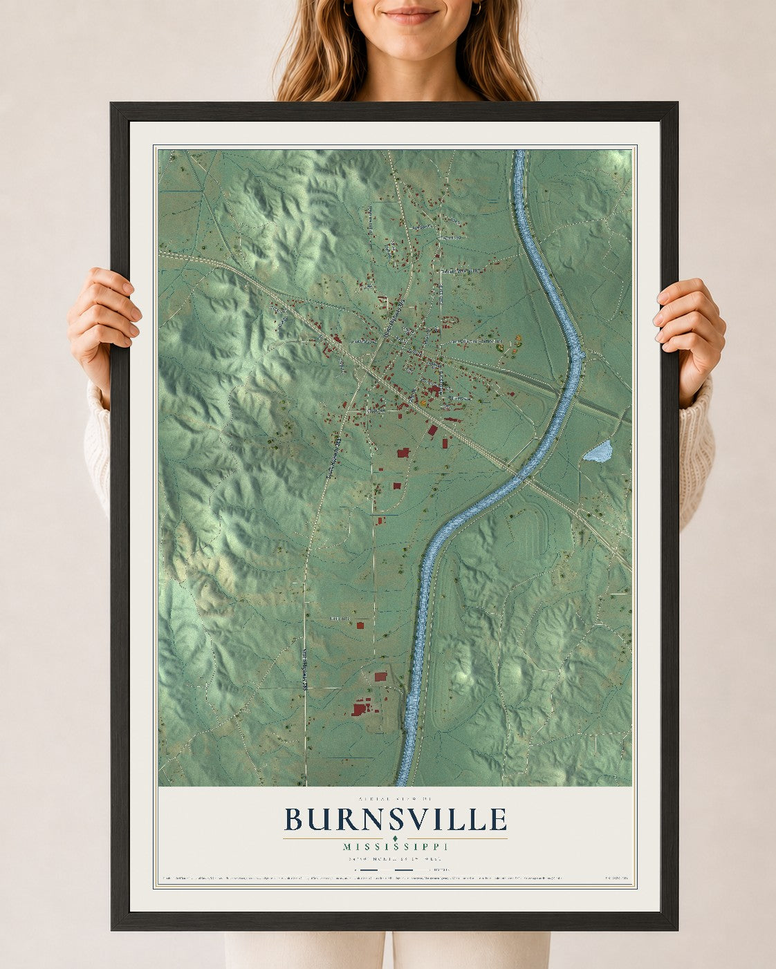 Map of Burnsville, Mississippi, 24 x 36 inch print in a black wood frame