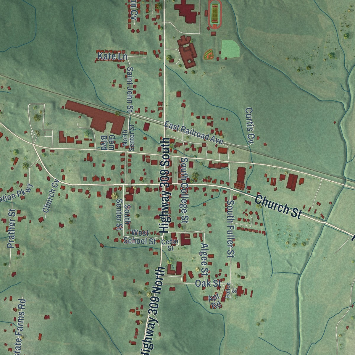 Close-up of the map of Byhalia, Mississippi print showing street and building detail