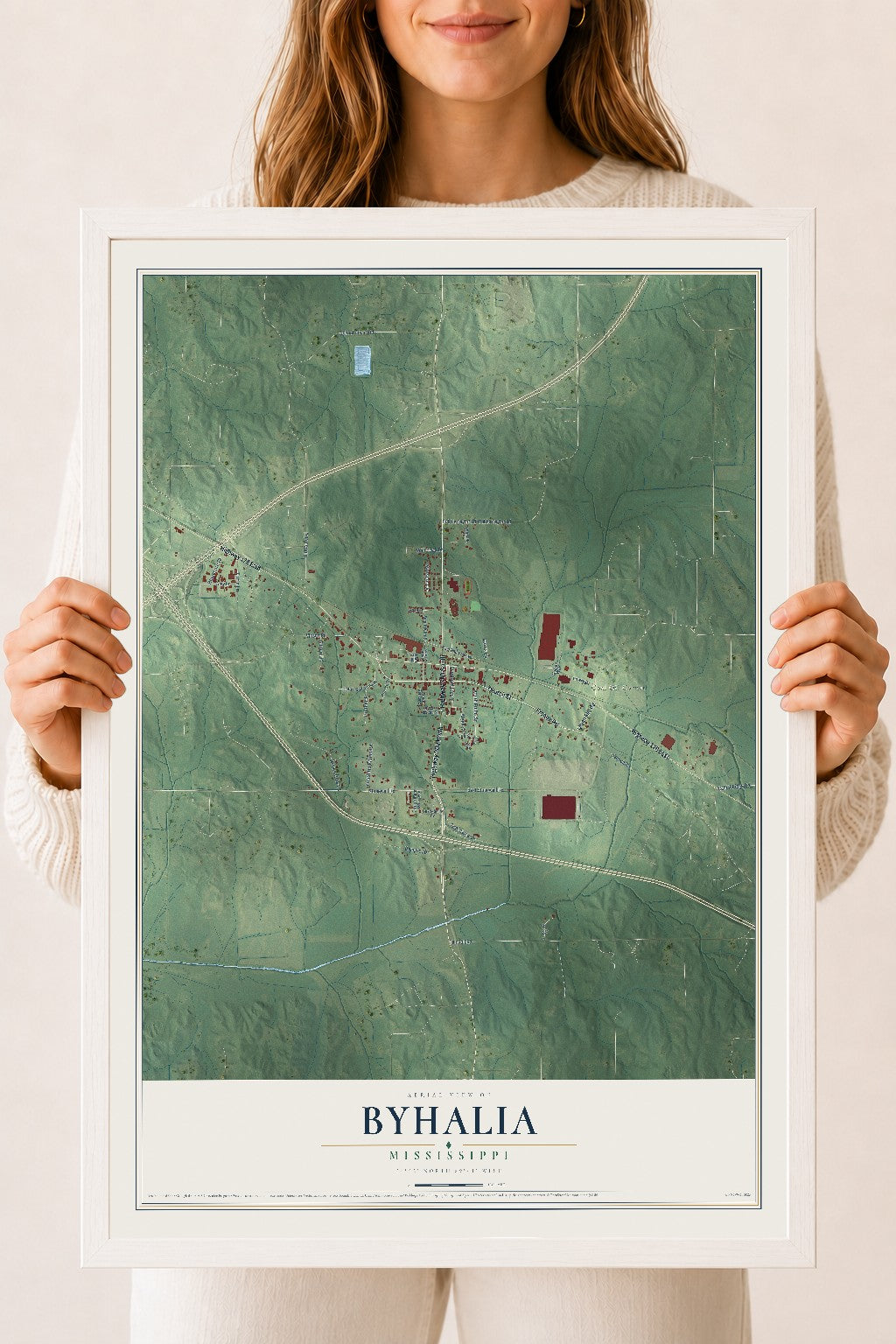 Map of Byhalia, Mississippi, 18 x 24 inch print in a white wood frame