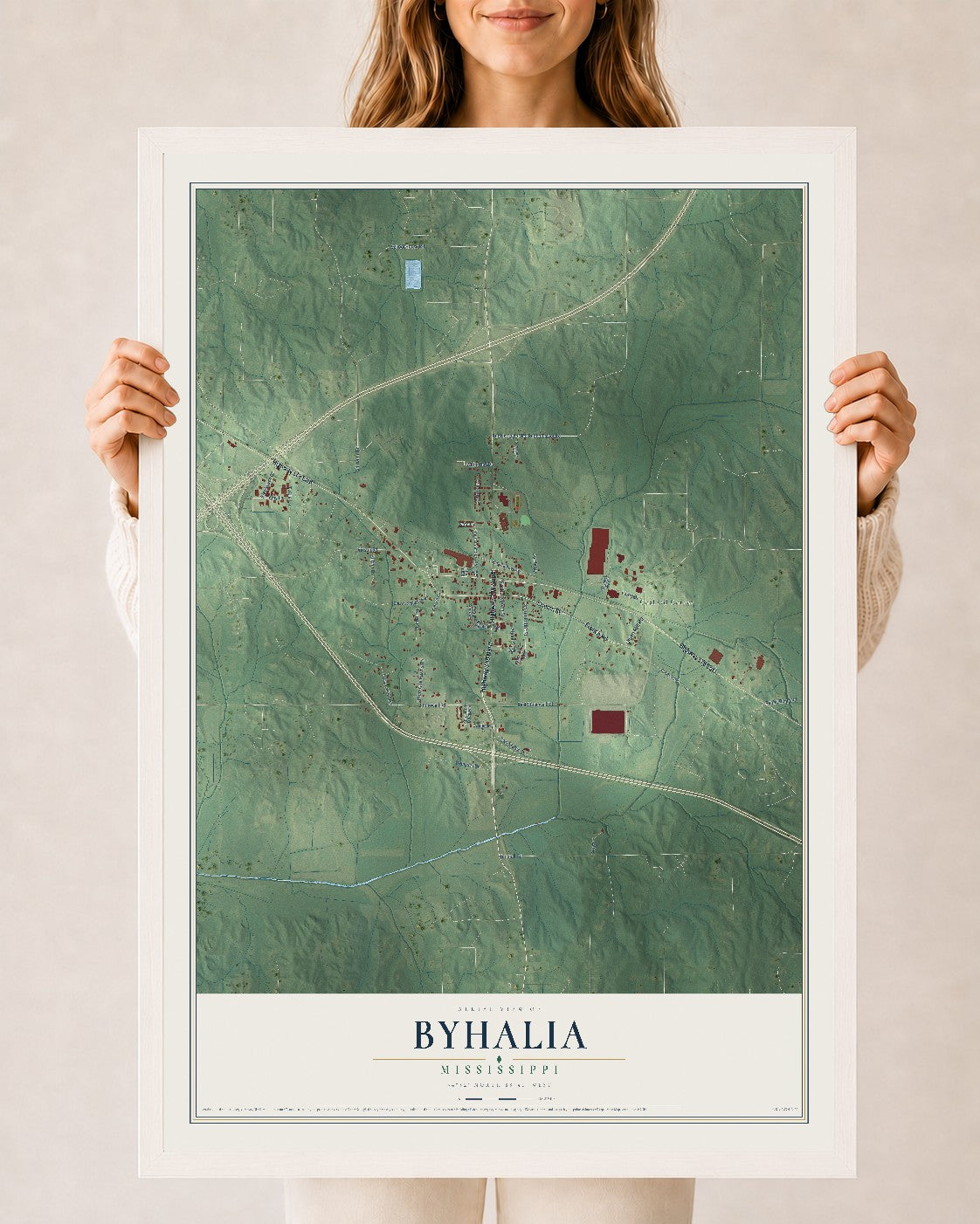 Map of Byhalia, Mississippi, 24 x 36 inch print in a white wood frame