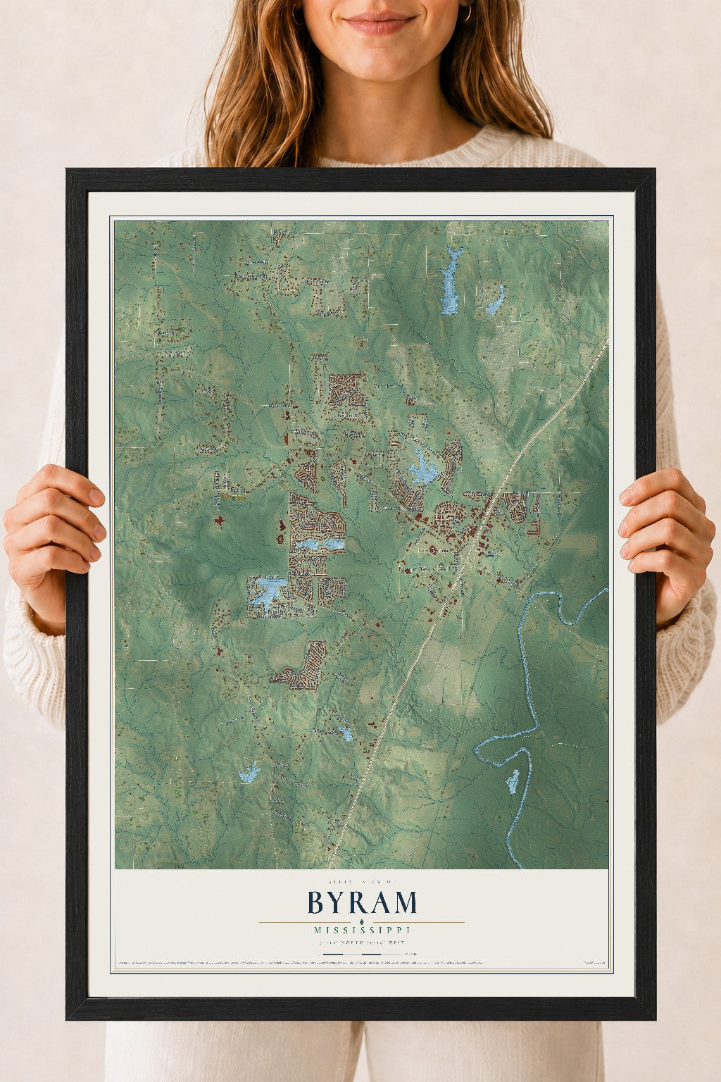 Map of Byram, Mississippi, 18 x 24 inch print in a black wood frame